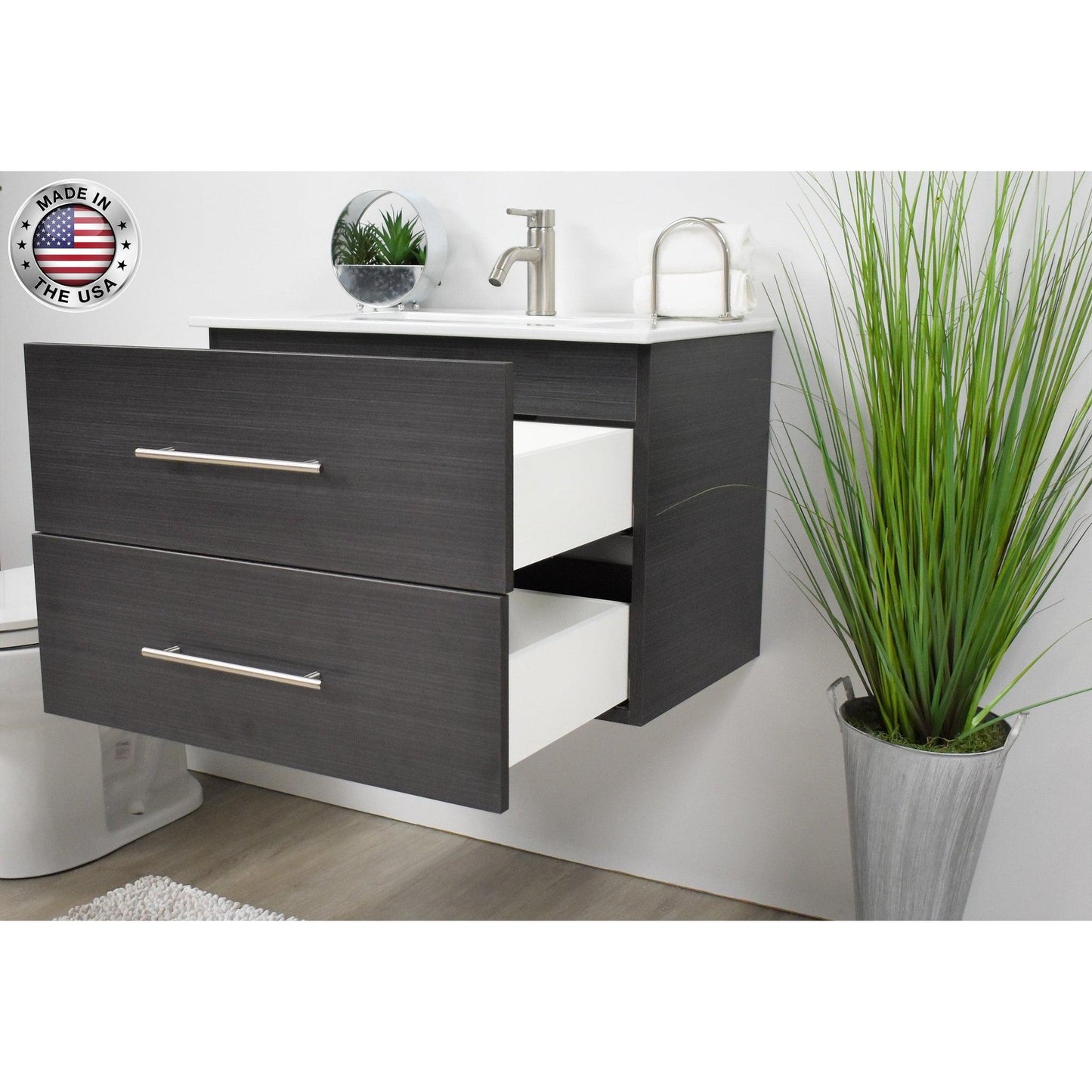 Volpa USA Napa 30" Black Ash Wall-Mounted Floating Modern Bathroom Vanity With Integrated Ceramic Top and Satin Nickel Round Handles