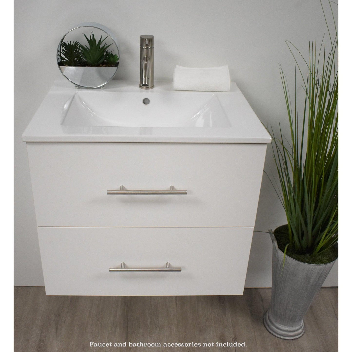 Volpa USA Napa 30" White Wall-Mounted Floating Modern Bathroom Vanity With Integrated Ceramic Top and Satin Nickel Round Handles