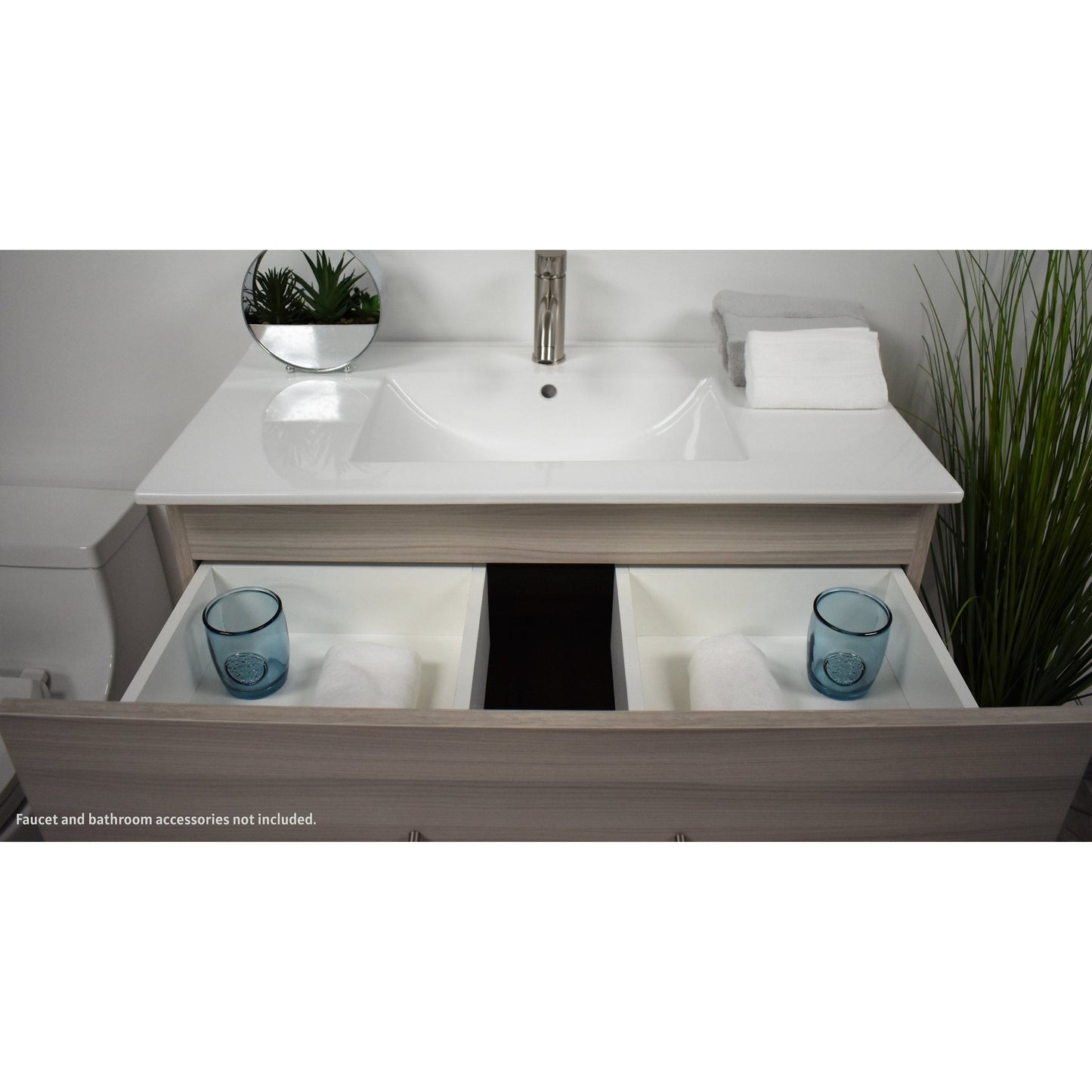 Volpa USA Napa 36" Ash Grey Wall-Mounted Floating Modern Bathroom Vanity With Integrated Ceramic Top and Satin Nickel Round Handles