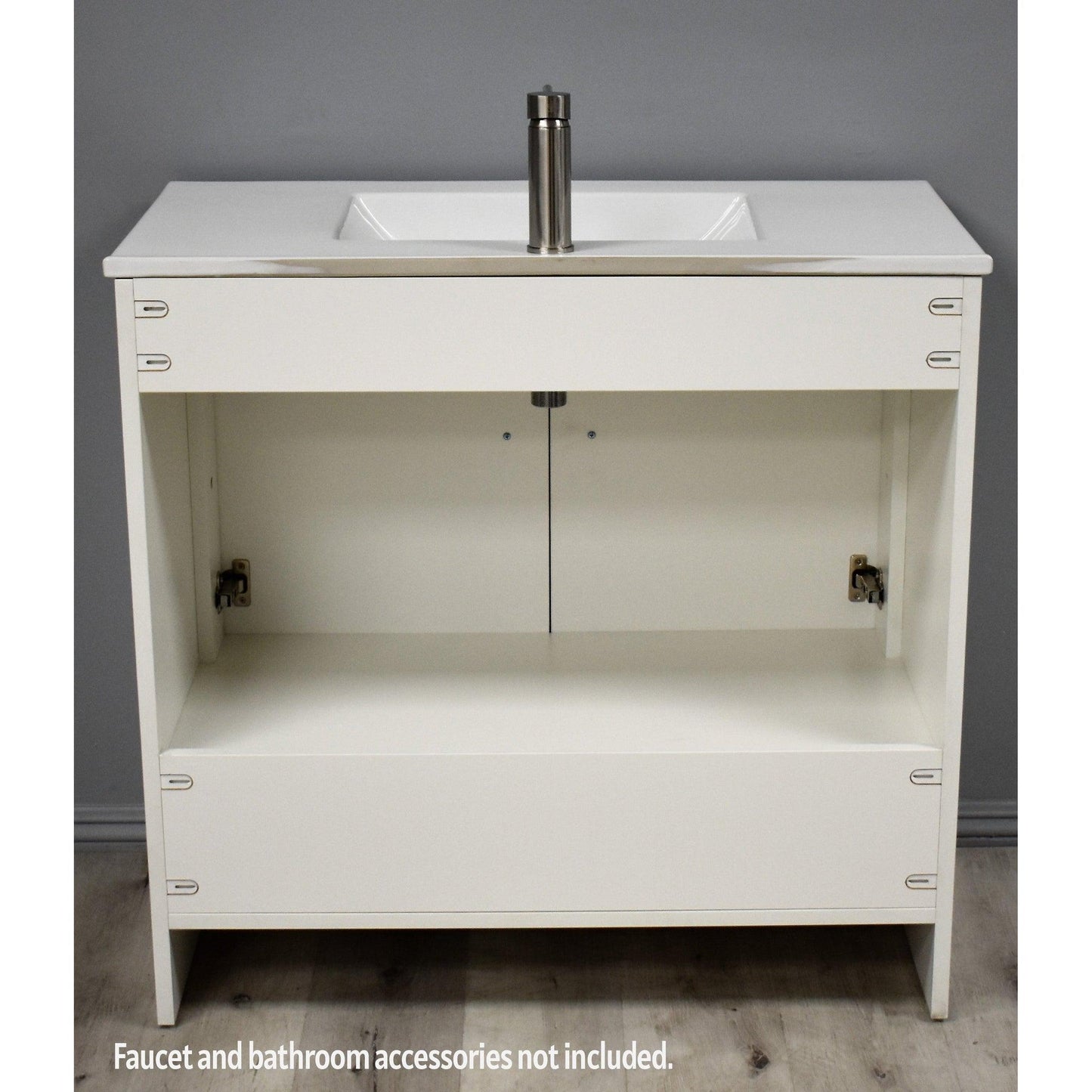 Volpa USA Pacific 36" Soft White Freestanding Modern Bathroom Vanity With Integrated Ceramic Top and Brushed Nickel Round Handles