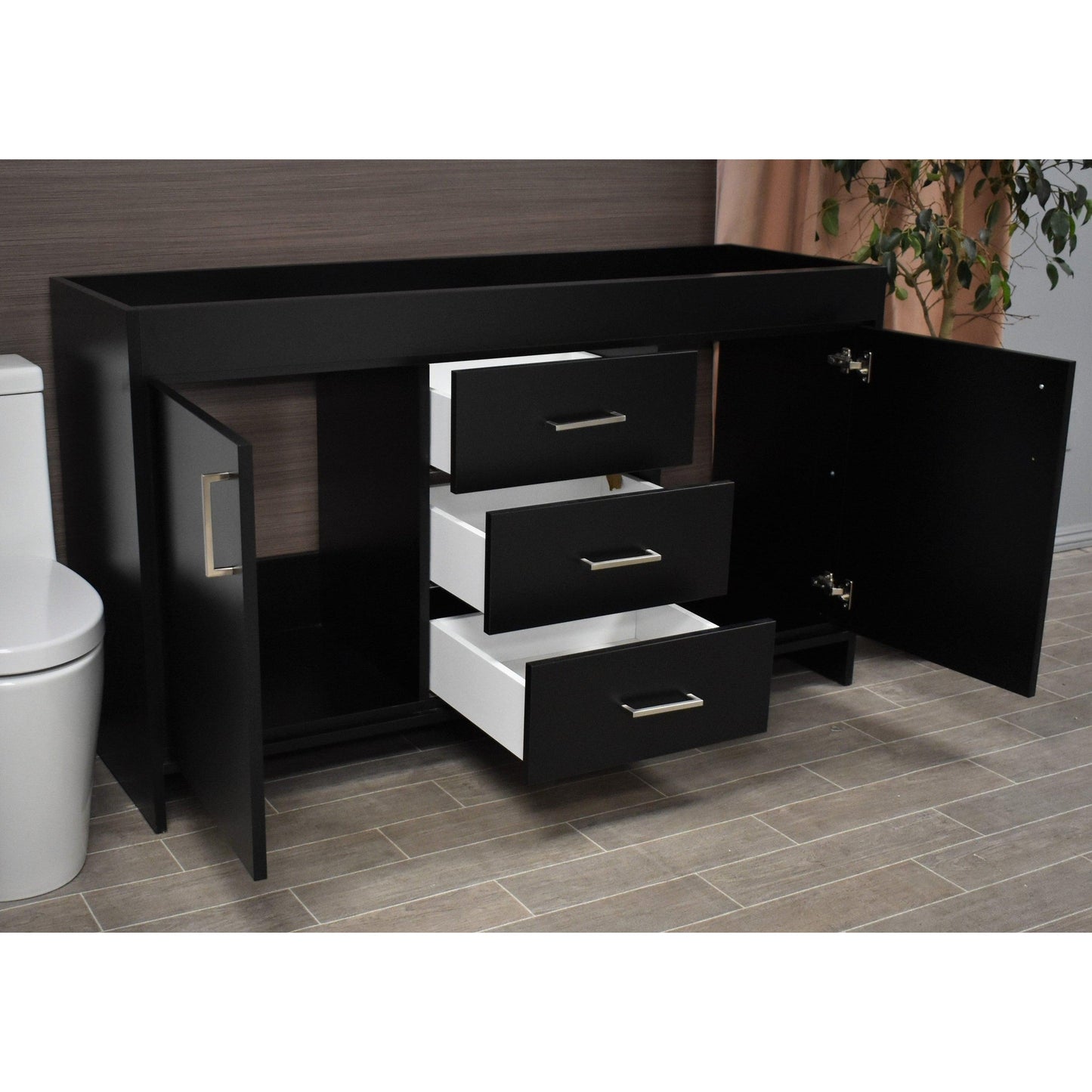 Volpa USA Rio 60" Black Freestanding Modern Bathroom Vanity For Double Sinks With Brushed Nickel Handles