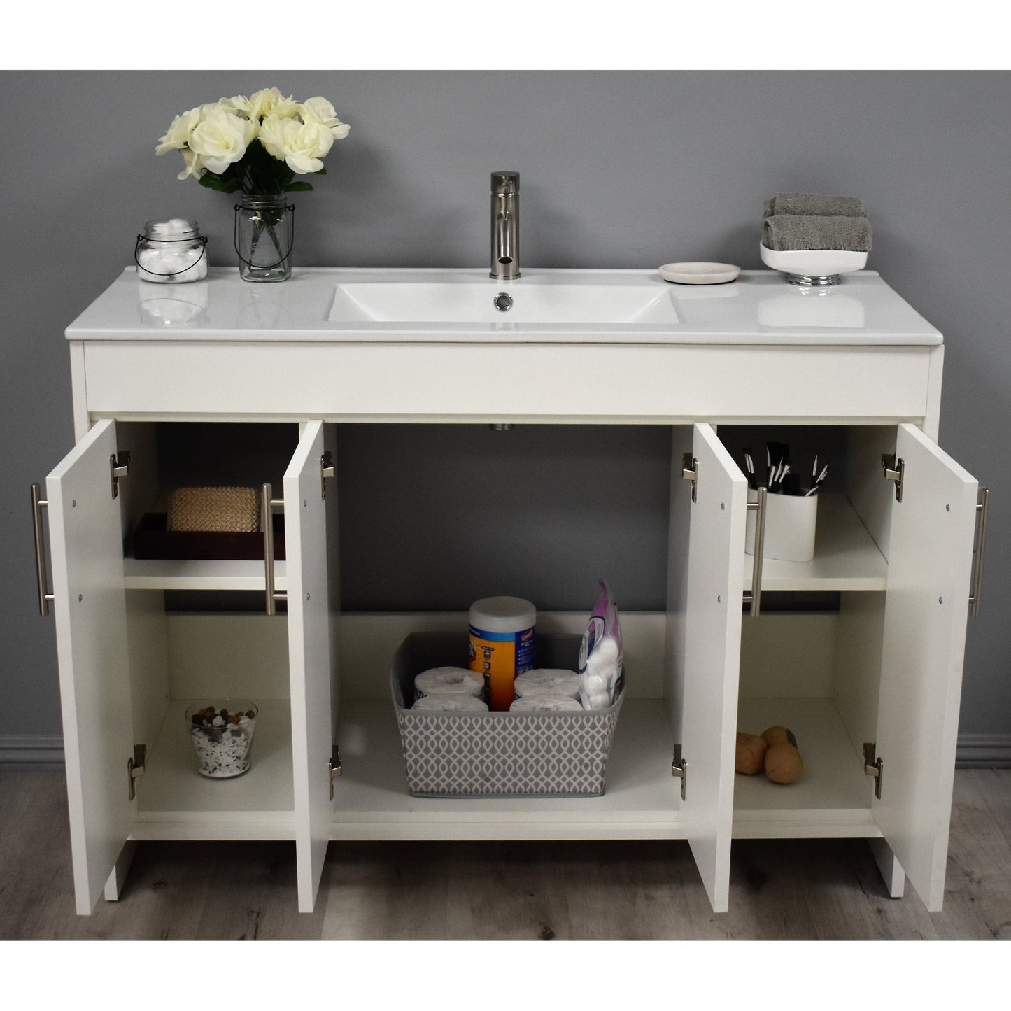 Volpa USA Villa 48" Soft White Freestanding Modern Bathroom Vanity With Integrated Ceramic Top and Brushed Nickel Round Handles