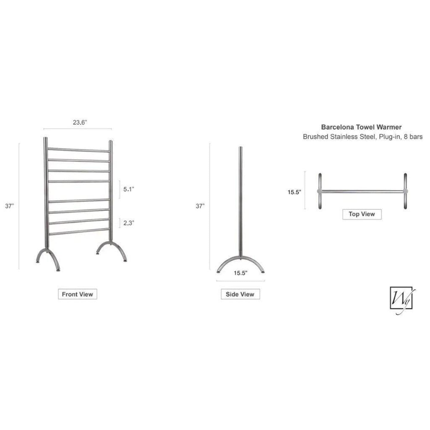 WarmlyYours Barcelona 24" x 37" Brushed Stainless Steel Wall-Mounted 8-Bar Plug-In Towel Warmer