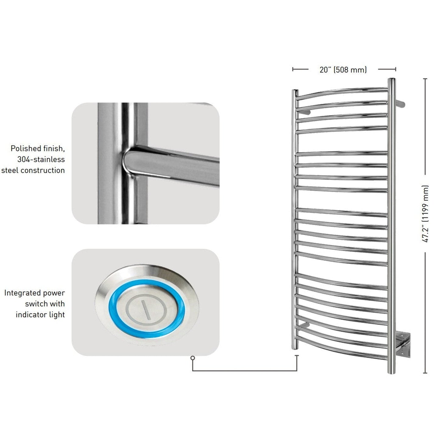 WarmlyYours Bellagio 20" x 47" Polished Stainless Steel Wall-Mounted 20-Bar Hardwired Towel Warmer