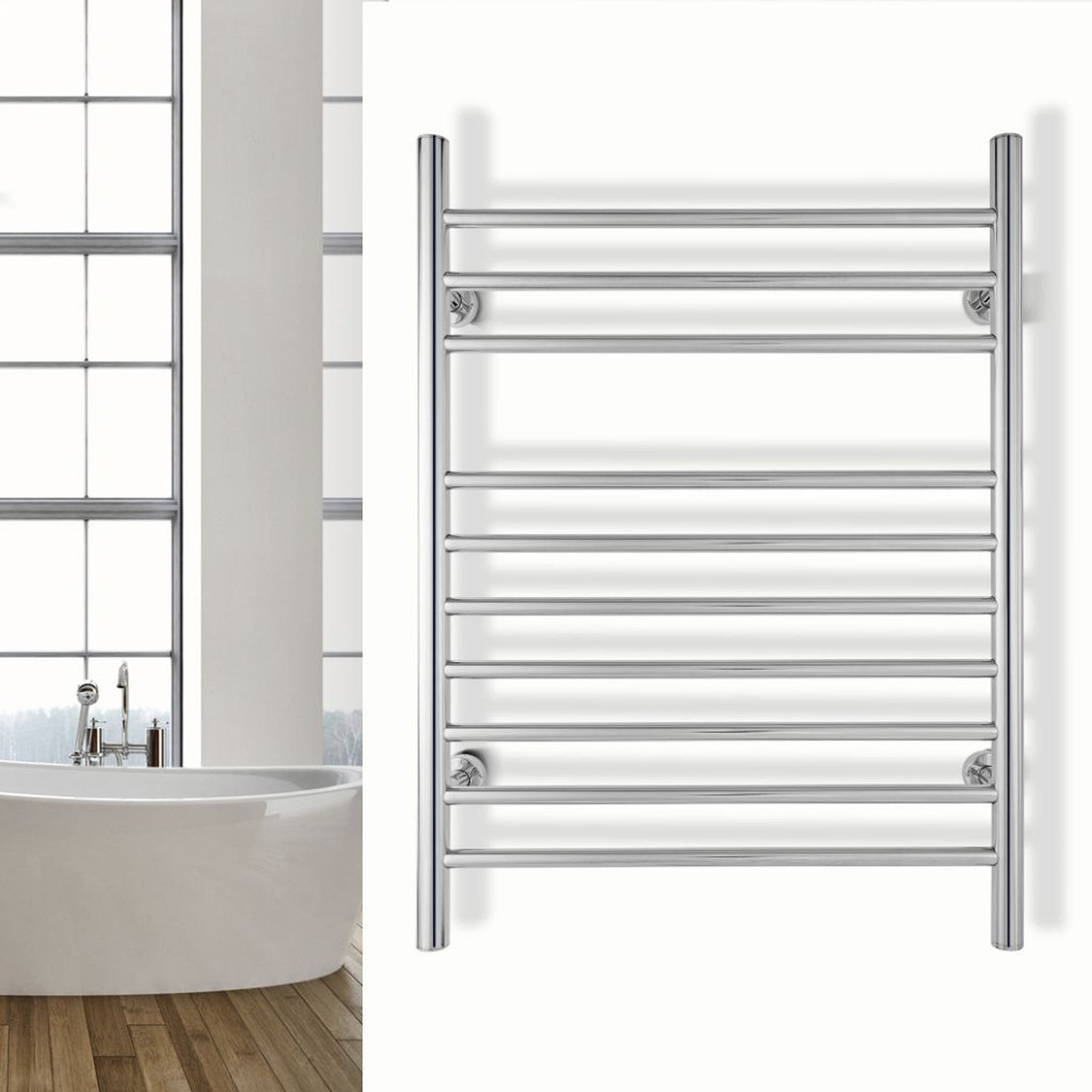 WarmlyYours Infinity 24" x 32" Polished Stainless Steel Wall-Mounted 10-Bar Dual Connection Hardwired or Plug-In Towel Warmer