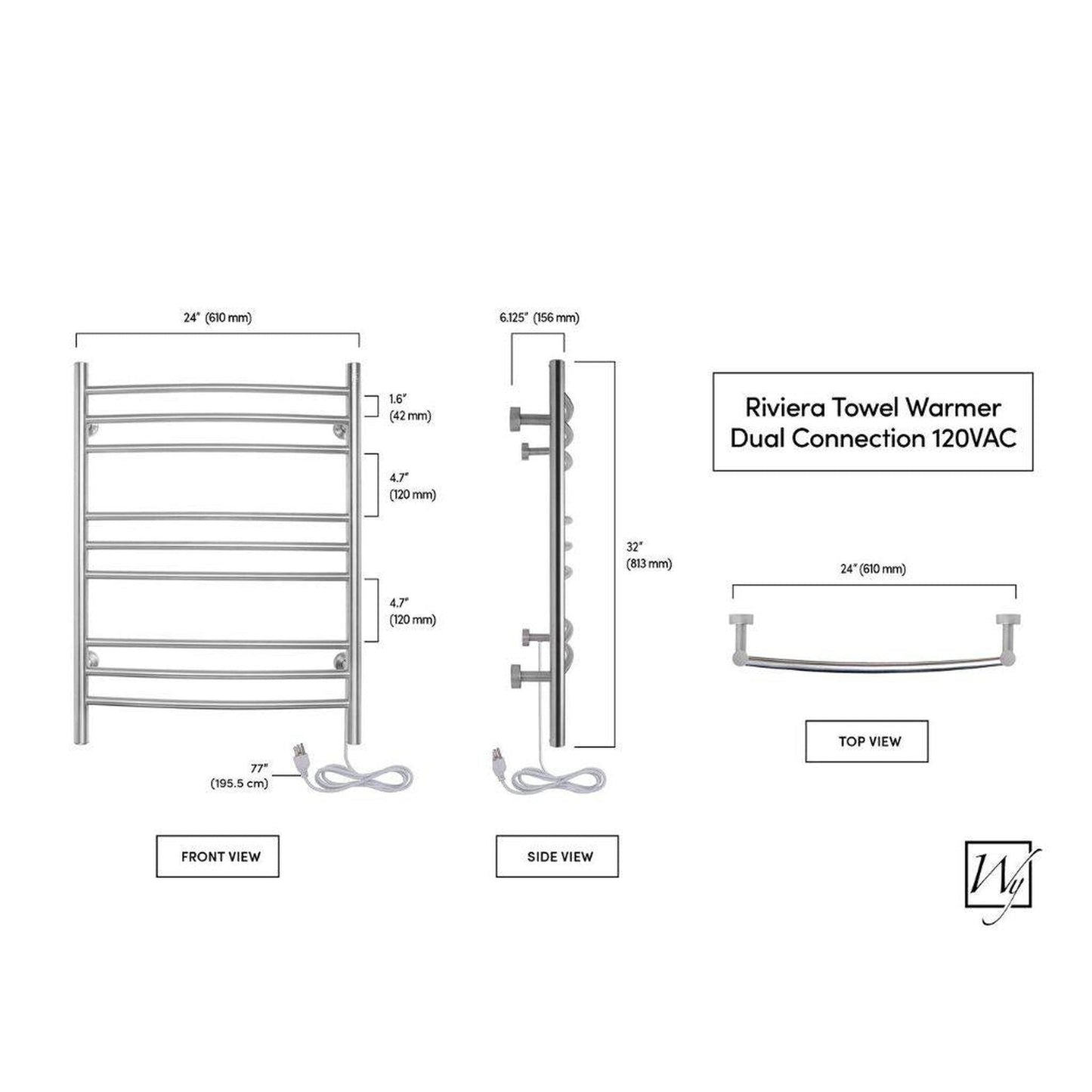 WarmlyYours Riviera 24" x 32" Brushed Stainless Steel Wall-Mounted 9-Bar Dual Connection Hardwired or Plug-In Towel Warmer