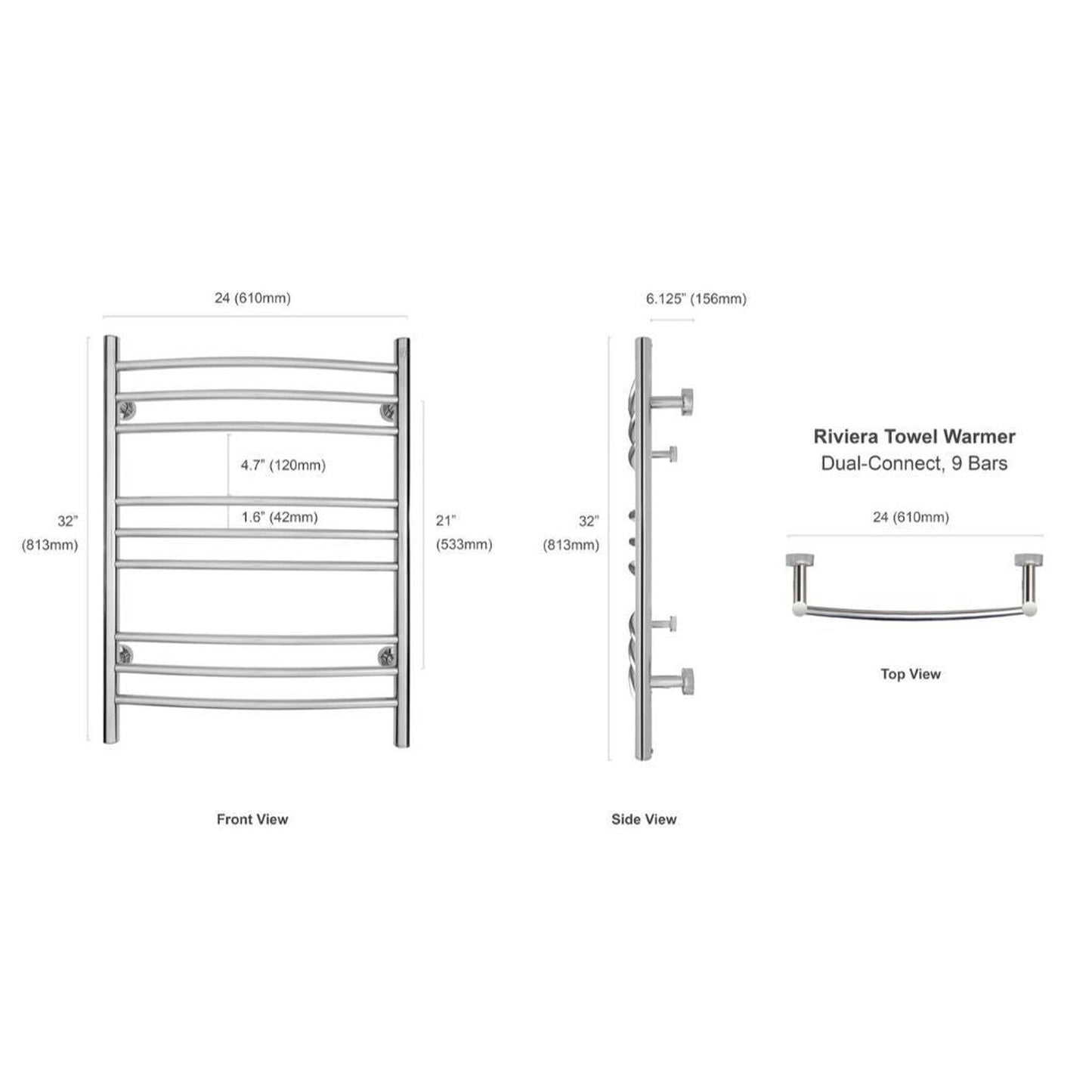 WarmlyYours Riviera 24" x 32" Polished Stainless Steel Wall-Mounted 9-Bar Dual Connection Hardwired or Plug-In Towel Warmer