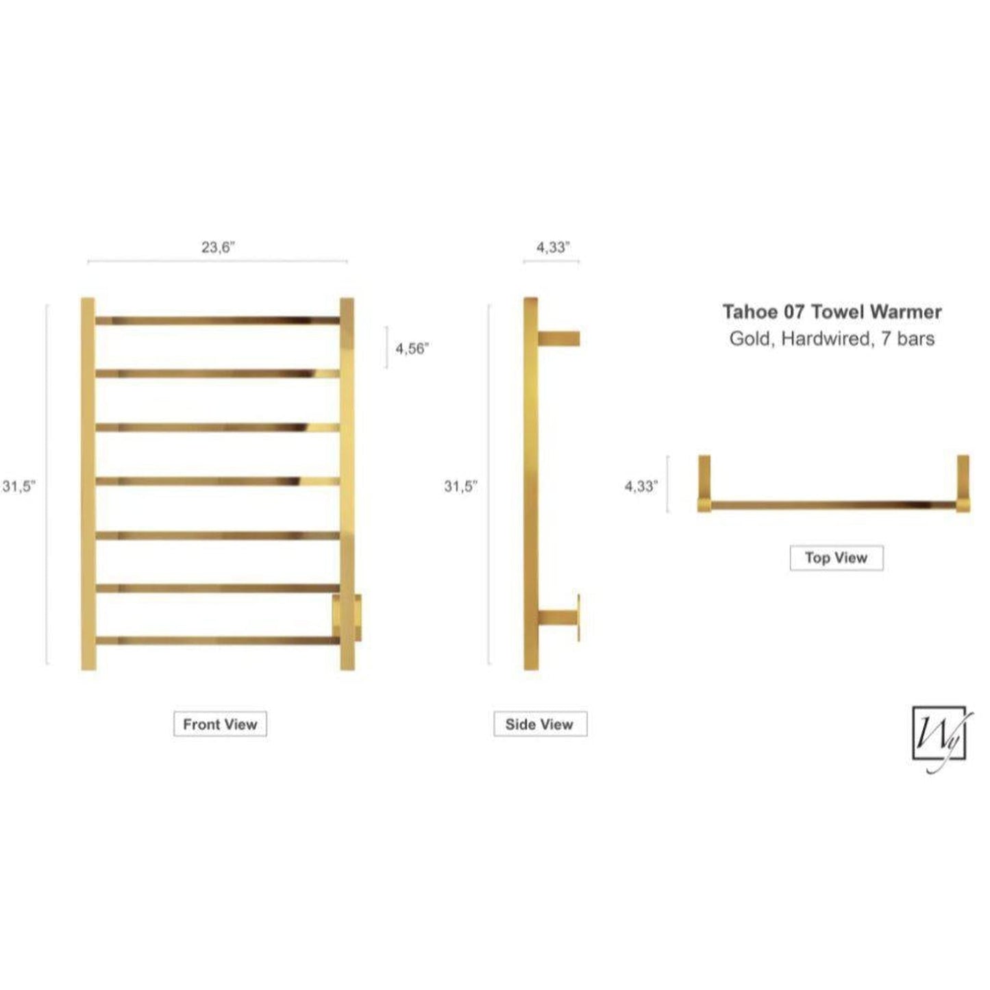 WarmlyYours Tahoe 7 24" x 32" Polished Gold Stainless Steel Wall-Mounted 7-Bar Hardwired Towel Warmer
