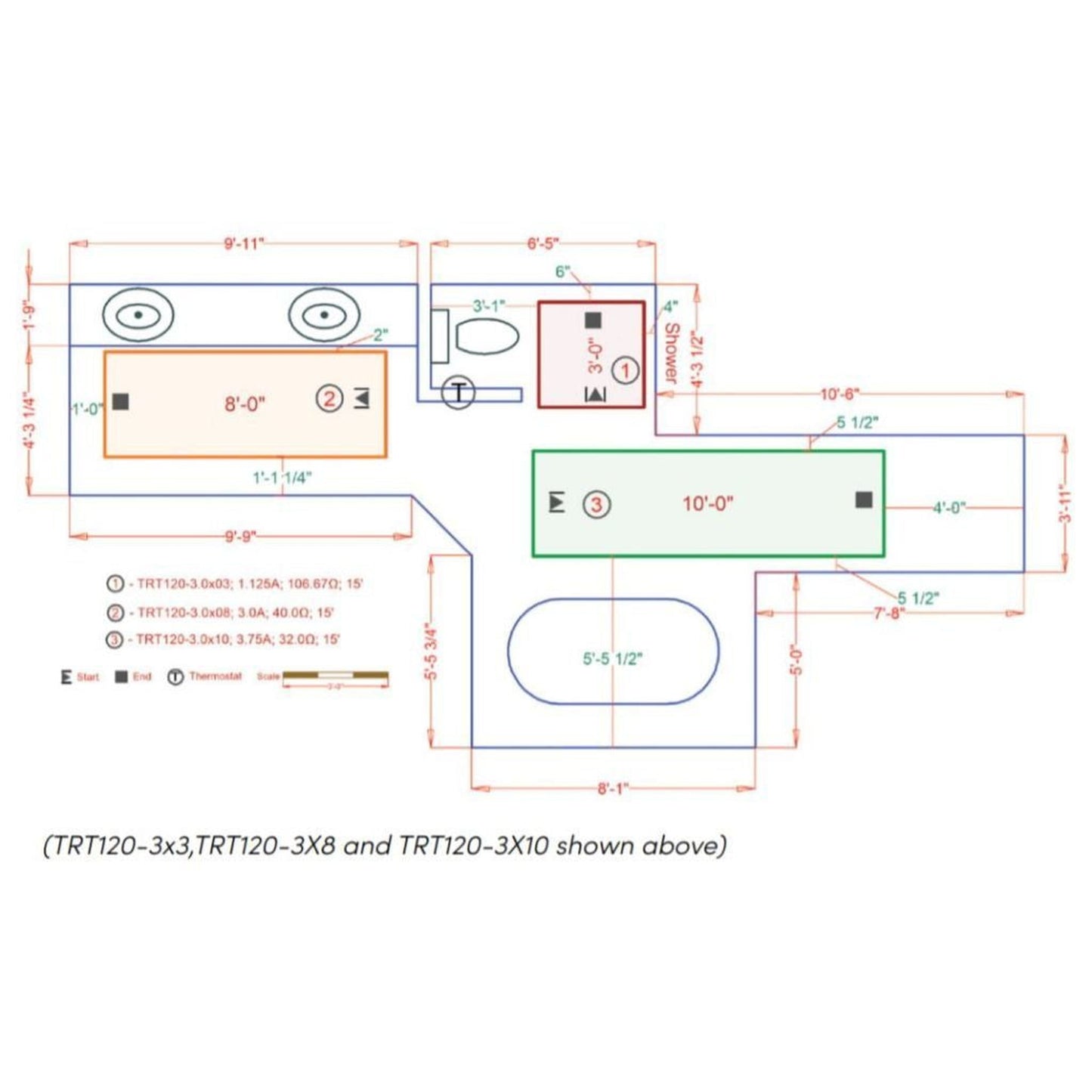 WarmlyYours TempZone Easy Mat 2' x 6' 120V Electric Radiant Floor Heating Kit With nSpire Touch Programmable Touchscreen Thermostat For Bathroom With Double Vanity