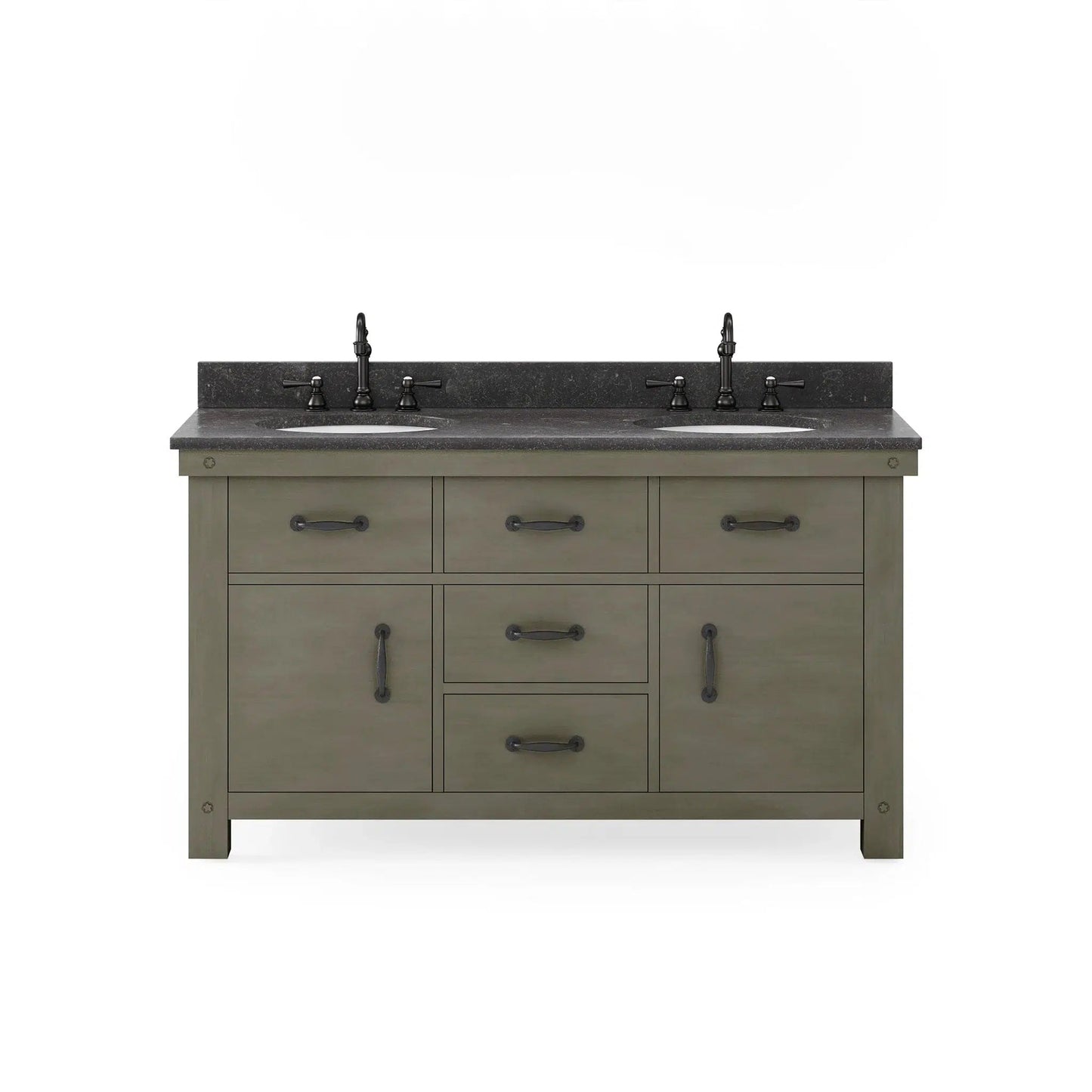 Water Creation Aberdeen 60" Double Sink Blue Limestone Countertop Vanity in Grizzle Gray with 24" Farmhouse Mirror