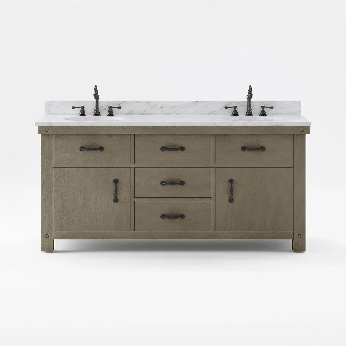 Water Creation Aberdeen 72" Double Sink Carrara White Marble Countertop Vanity in Grizzle Gray with Hook Faucets and 72" Farmhouse Mirror