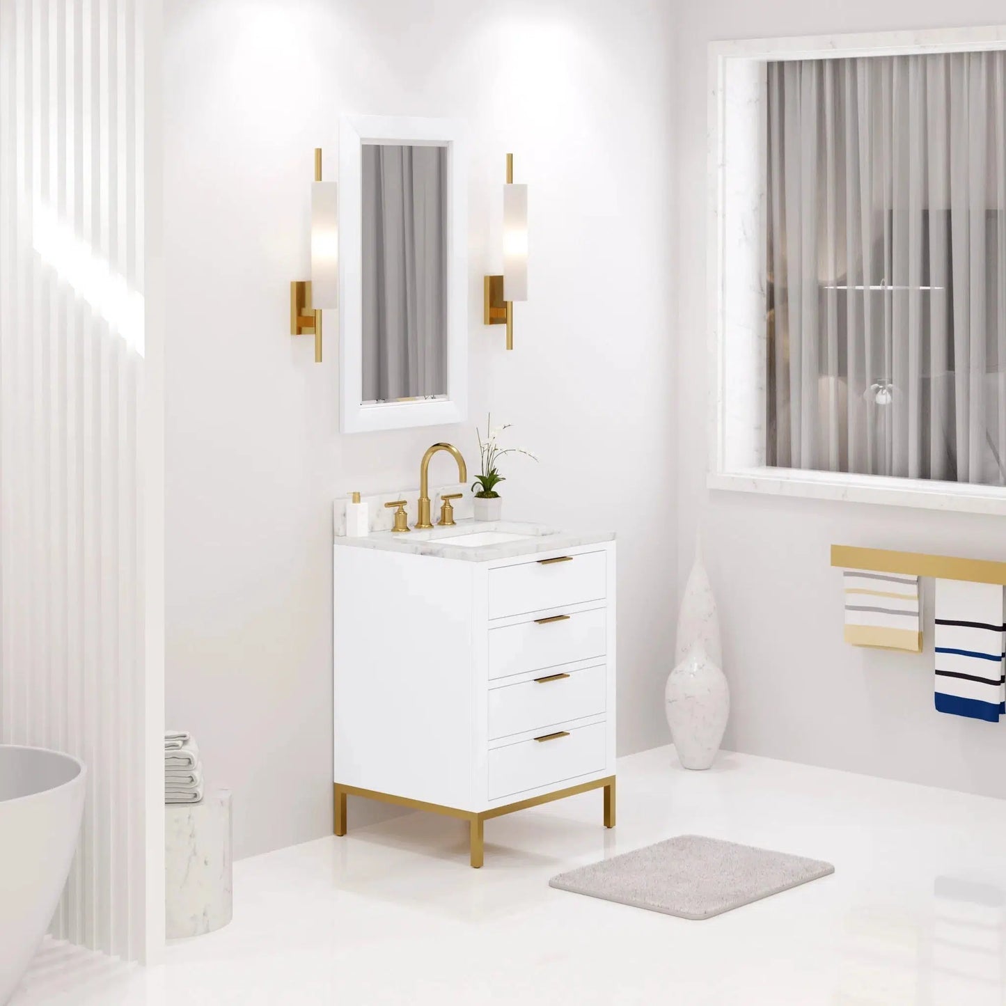 Water Creation Bristol 24'' Single Sink Carrara White Marble Countertop Bath Vanity in Pure White with Satin Gold Gooseneck Faucet and Rectangular Mirror (S)