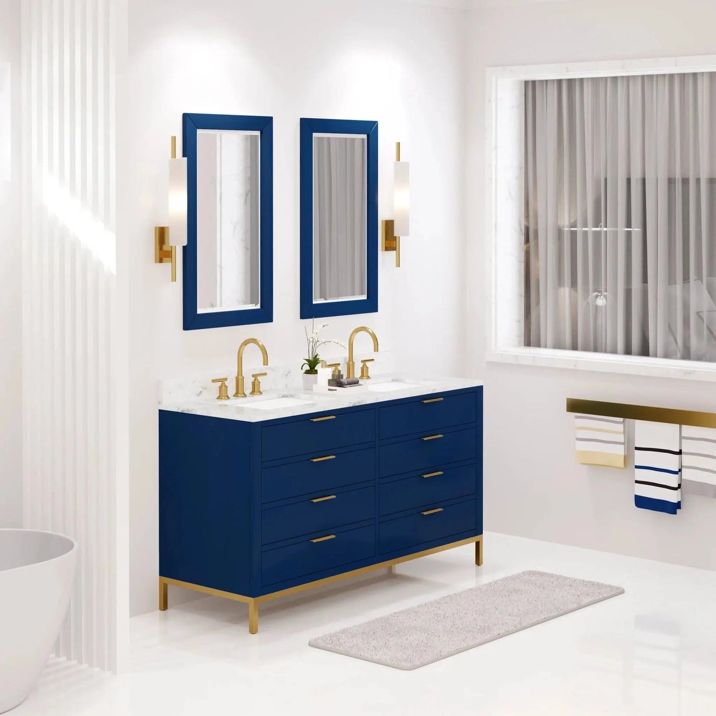 Water Creation Bristol 60'' Double Sink Carrara White Marble Countertop Bath Vanity in Monarch Blue with Satin Gold Gooseneck Faucets and Rectangular Mirrors (S)