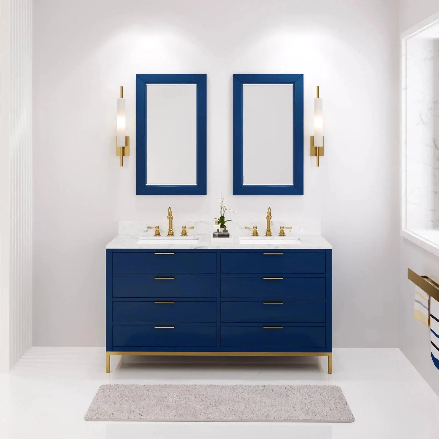 Water Creation Bristol 60'' Double Sink Carrara White Marble Countertop Bath Vanity in Monarch Blue with Satin Gold Hook Faucets and Rectangular Mirrors (S)