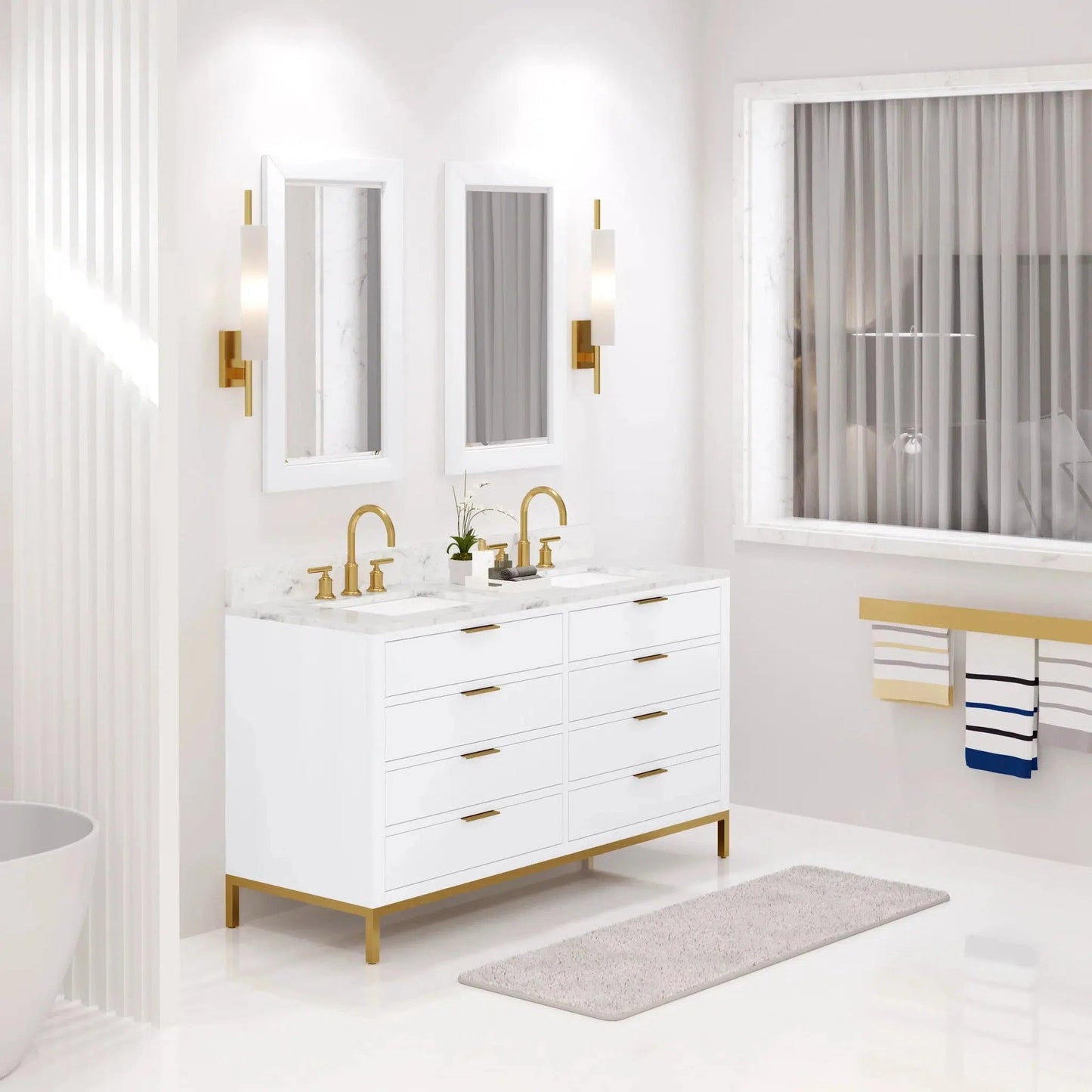 Water Creation Bristol 60'' Double Sink Carrara White Marble Countertop Bath Vanity in Pure White with Satin Gold Gooseneck Faucets