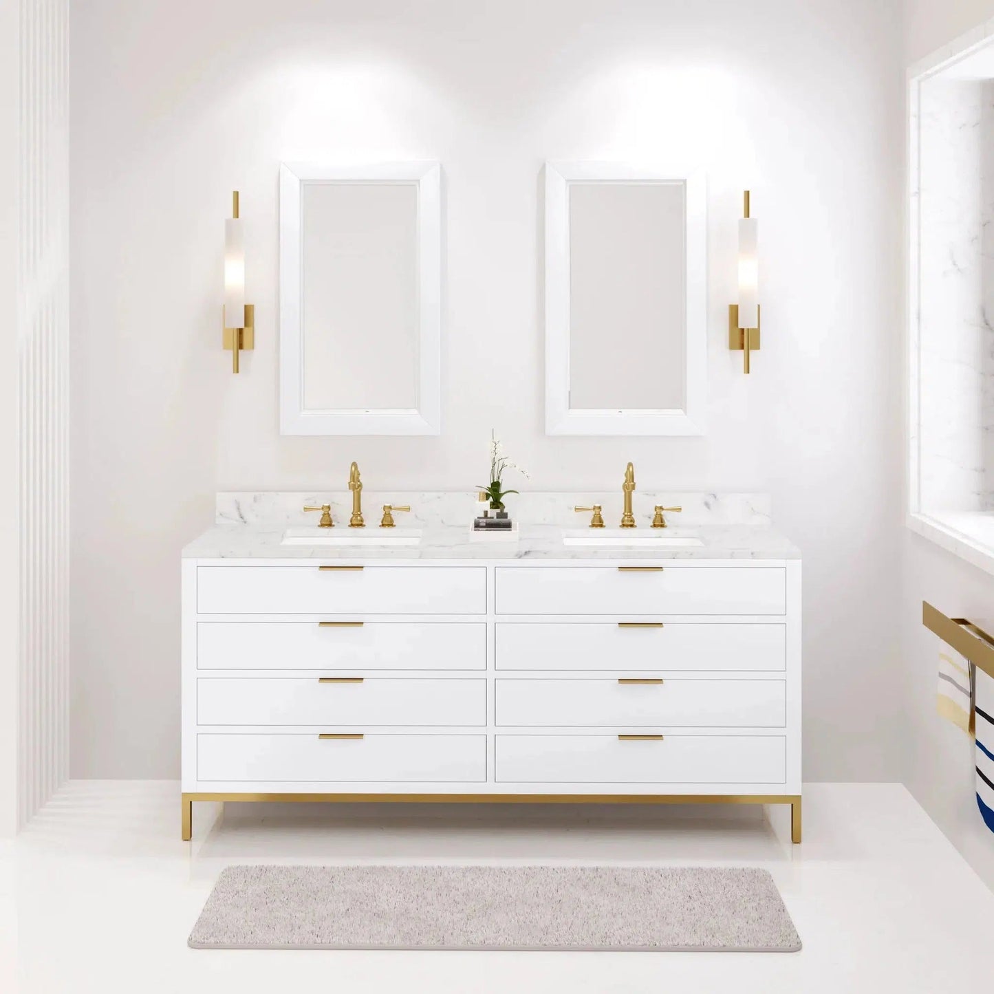 Water Creation Bristol 72'' Double Sink Carrara White Marble Countertop Bath Vanity in Pure White with Satin Gold Hook Faucets and Rectangular Mirrors (S)