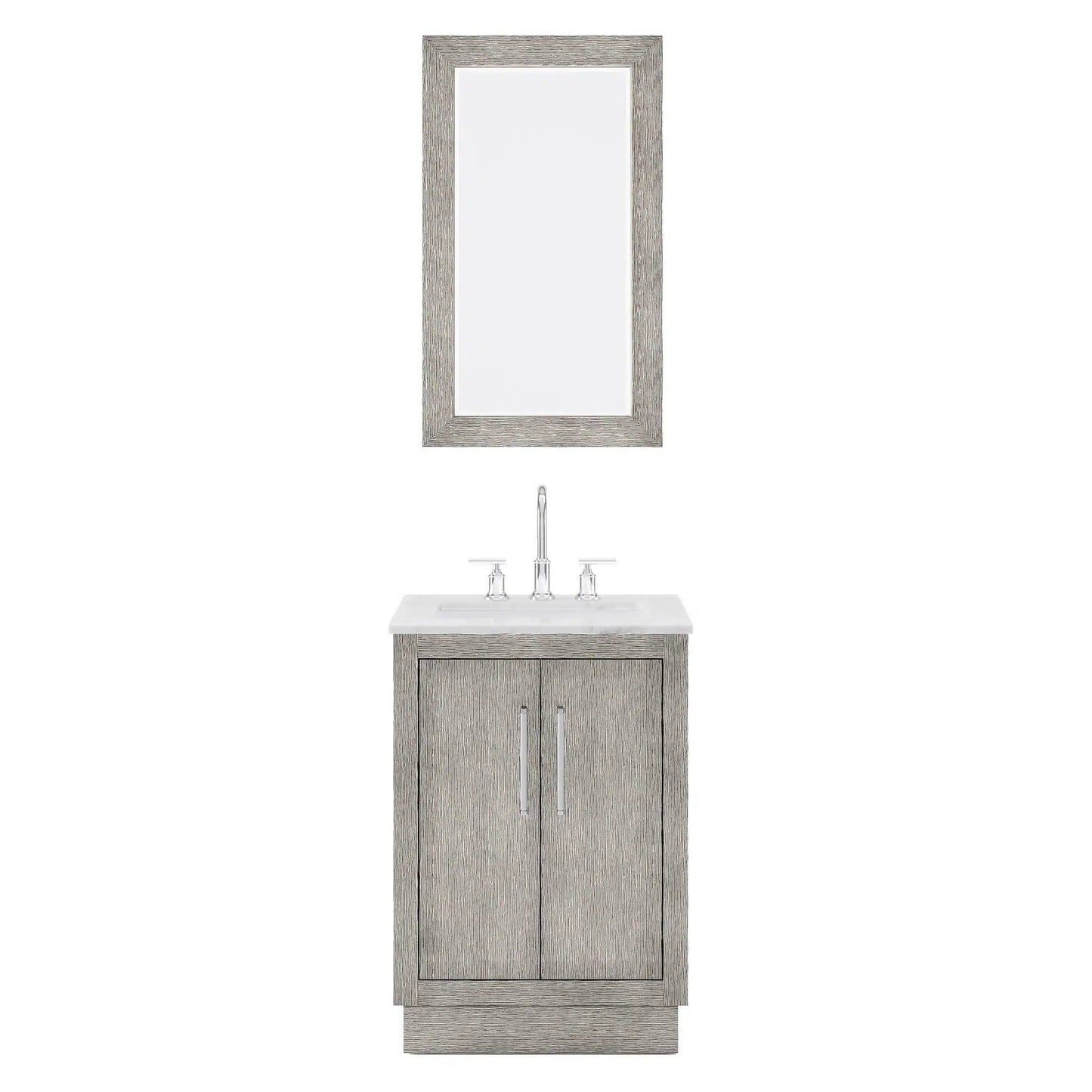 Water Creation Hugo 24" Single Sink Carrara White Marble Countertop Vanity with Chrome Pulls and Knobs with Gooseneck Faucet and Mirror