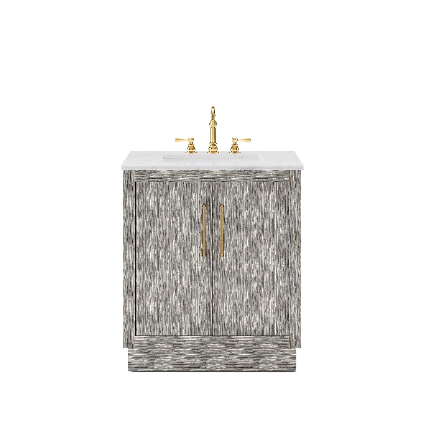 Water Creation Hugo 30" Single Sink Carrara White Marble Countertop Vanity with Satin Gold Pulls and Knobs with Hook Faucet and Mirror