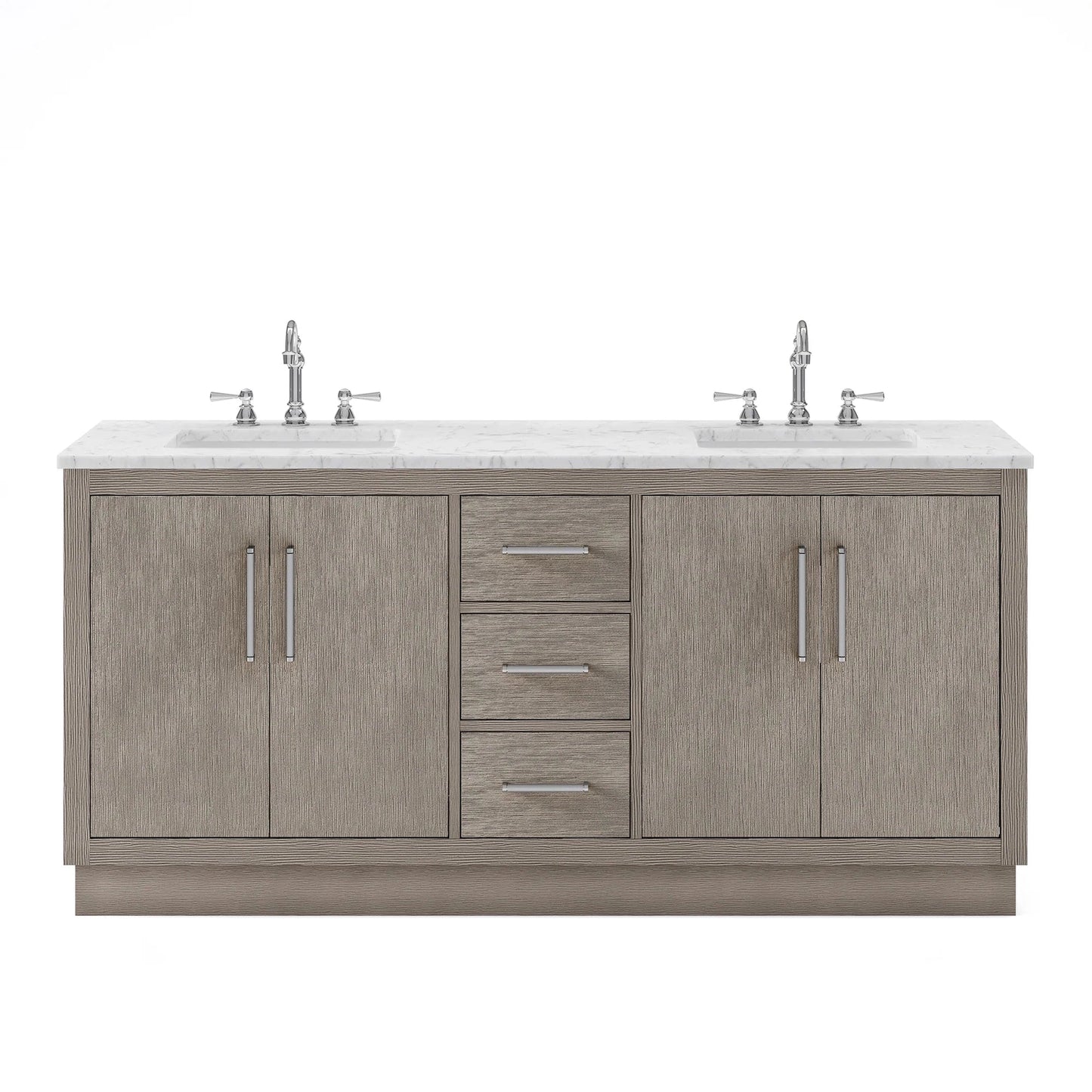 Water Creation Hugo 72" Double Sink Carrara White Marble Countertop Vanity with Chrome Pulls and Knobs And Mirrors
