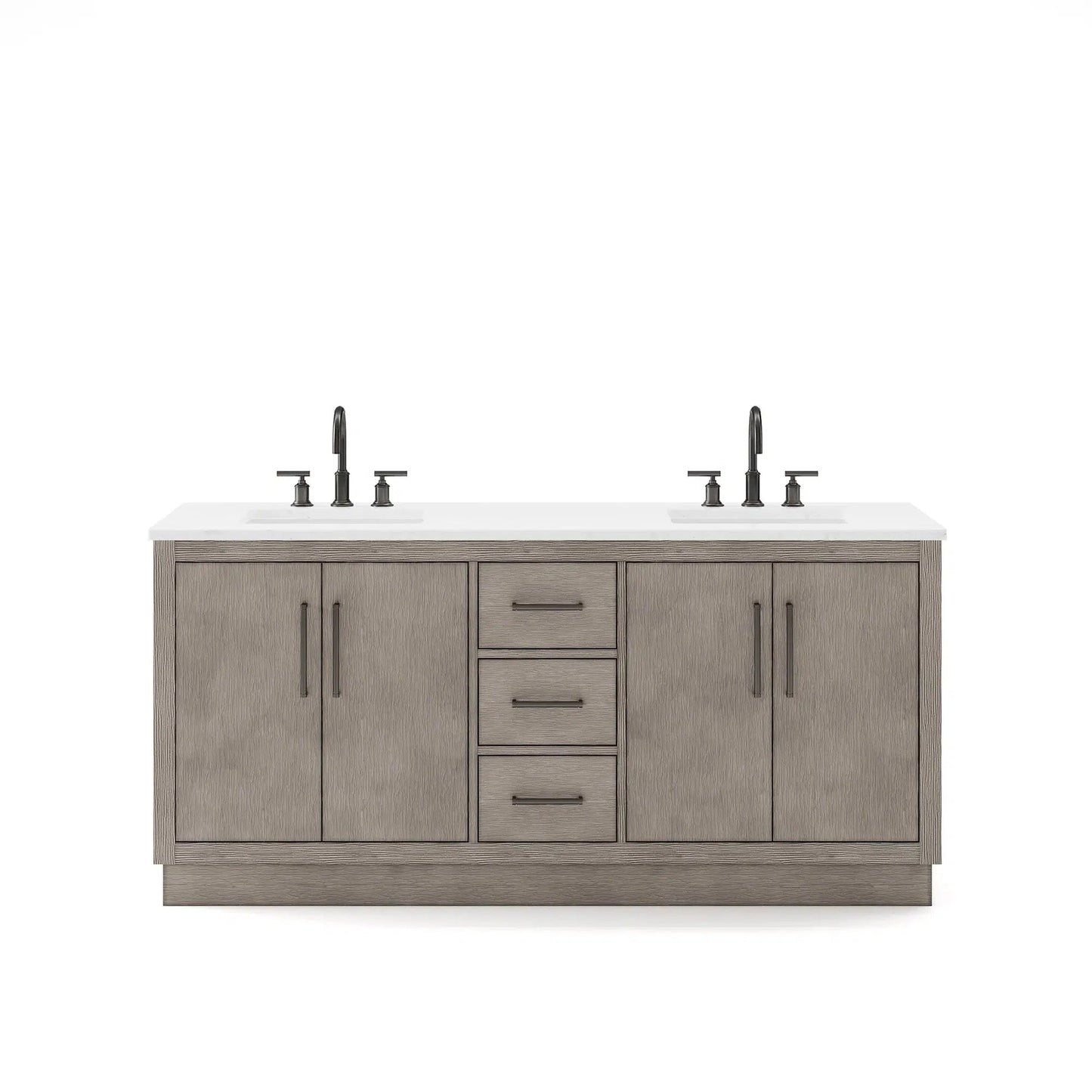 Water Creation Hugo 72" Double Sink Carrara White Marble Countertop Vanity with Oil-Rubbed Bronze Pulls and Knobs with Gooseneck Faucets and Mirrors