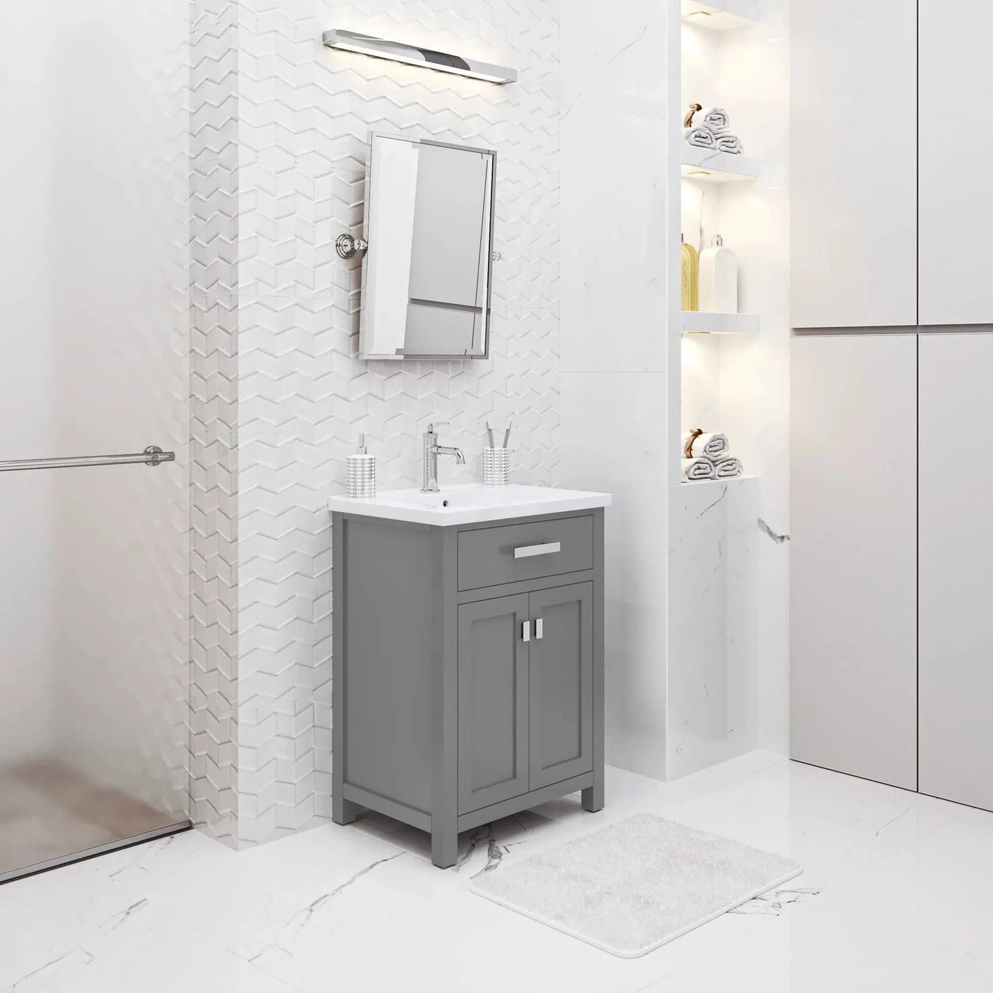 Water Creation Myra 24'' Integrated Ceramic Sink Top Vanity in Cashmere Grey with Modern Single Faucet