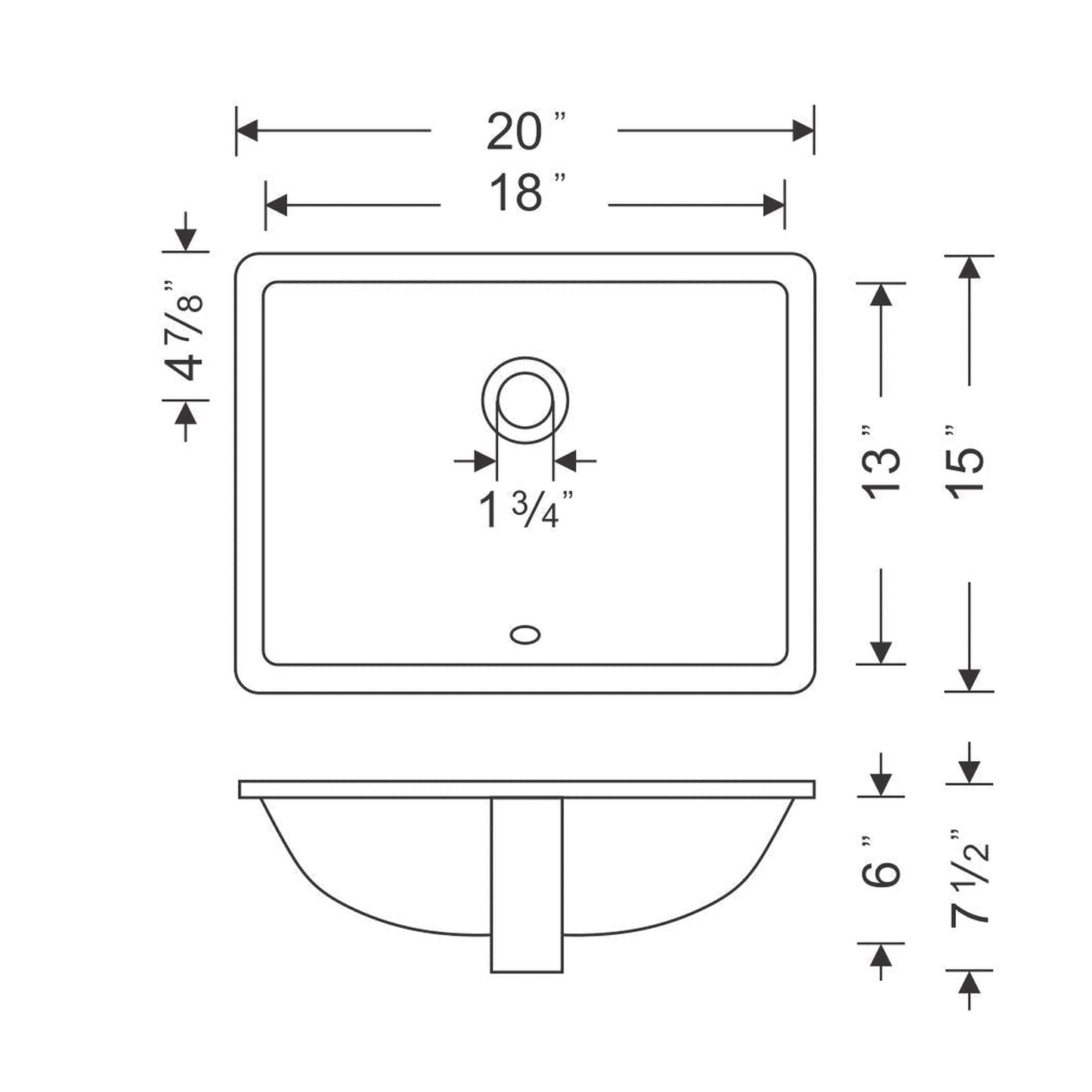 Wells Sinkware Rhythm 20" Rectangle Ebony Traditional Vitreous Ceramic Undermount Bathroom Sink With Overflow