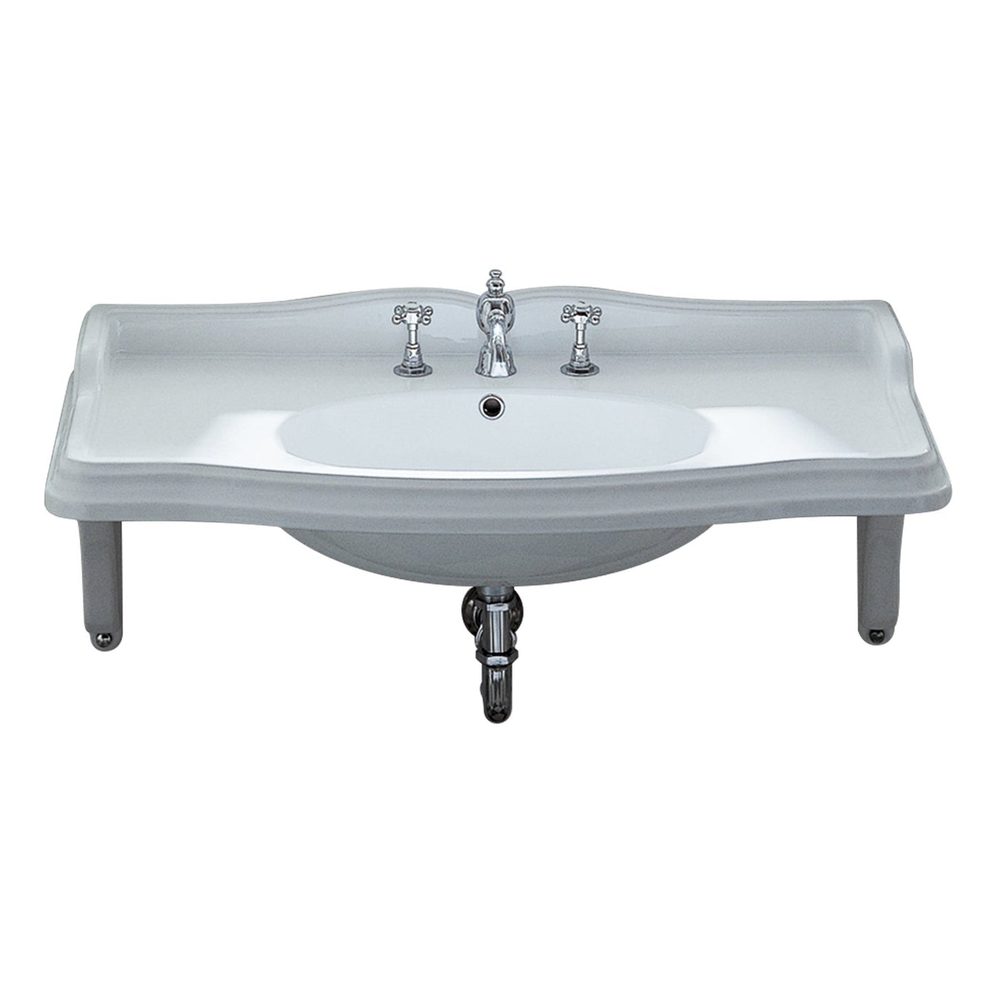 Whitehaus Isabella AR864-MNSLEN-3H White Large Rectangular Wall Mount Basin With Integrated Oval Bowl and Rear Center Drain