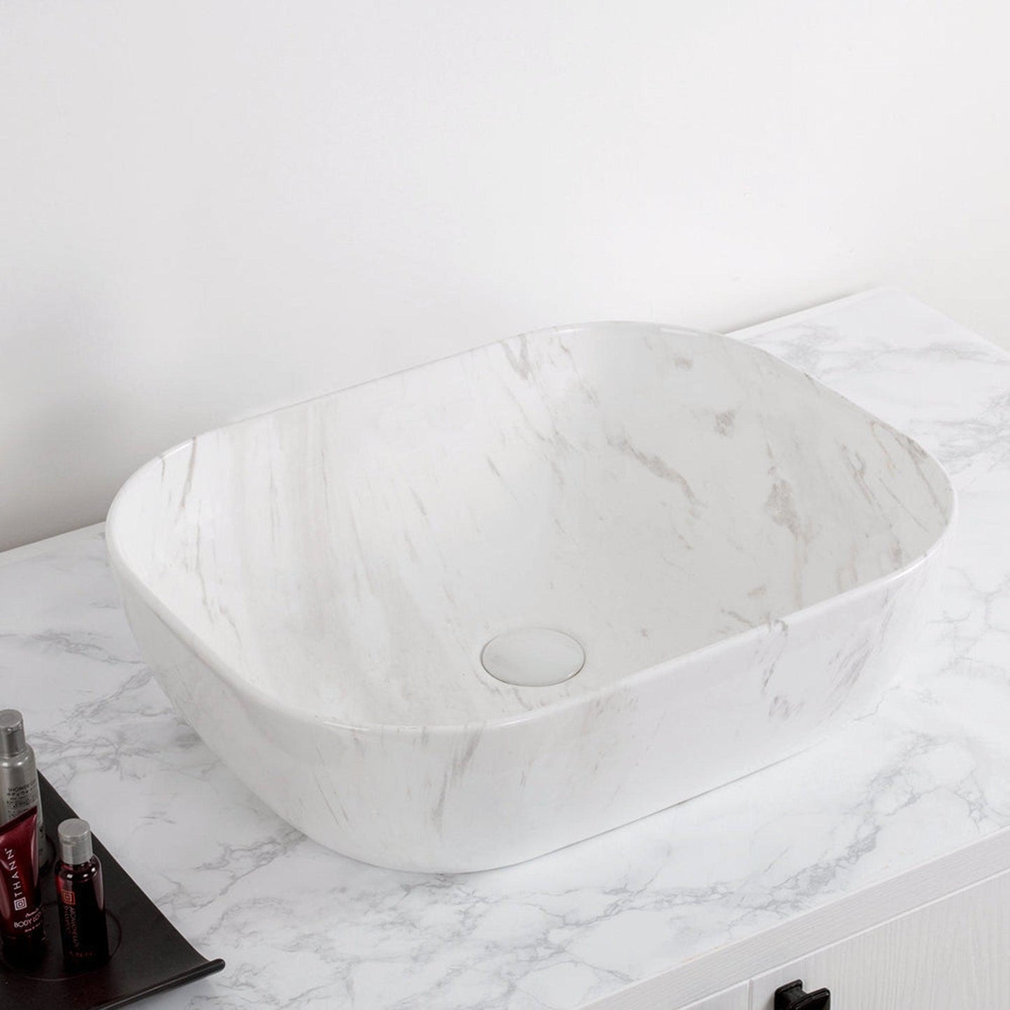 Whitehaus Isabella Plus WH71302-F12 Carrara White Rectangular Above Mount Basin With Center Drain