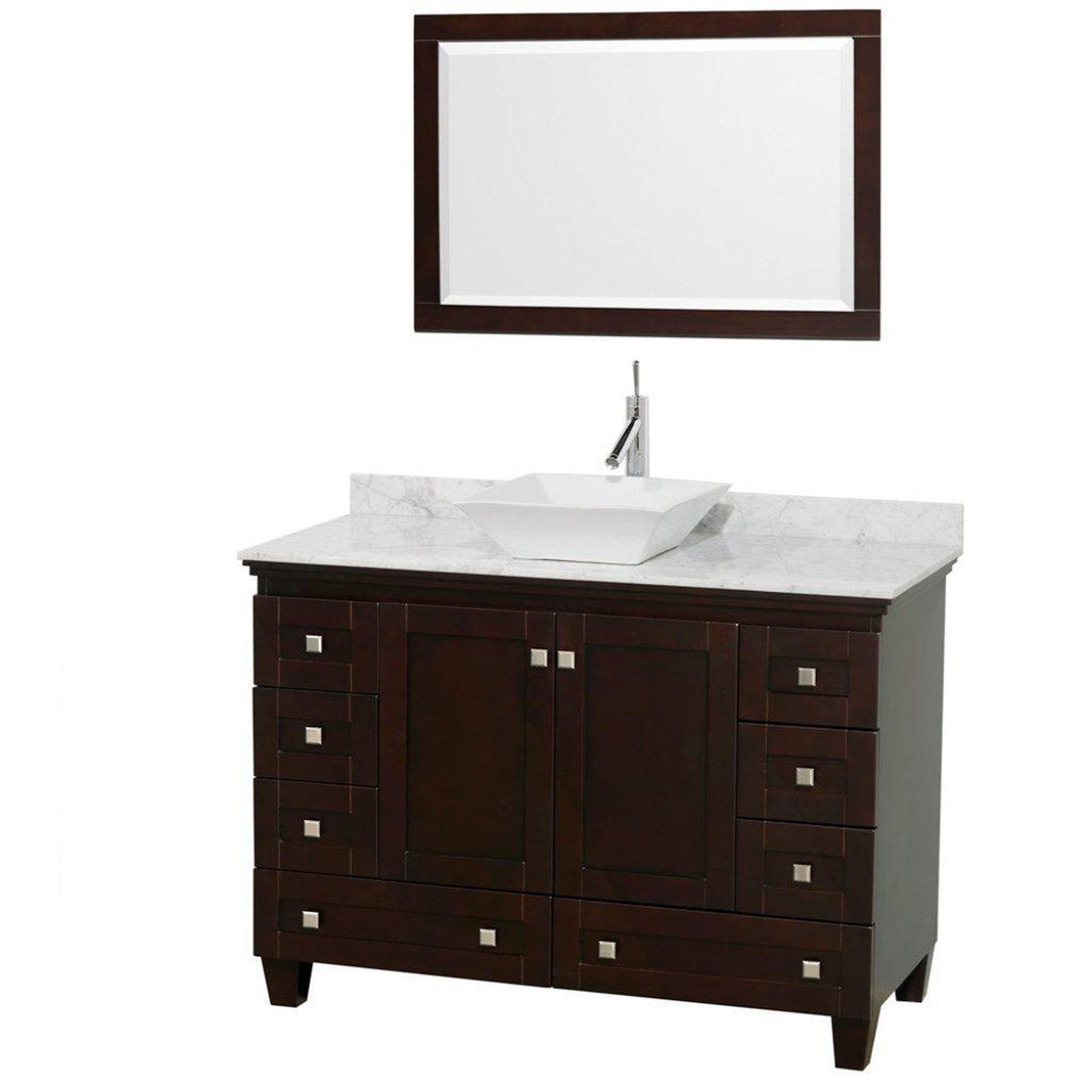 Wyndham Collection Acclaim 48" Single Bathroom Espresso Vanity Set With White Carrara Marble Countertop And Pyra White Sink And 24" Mirror