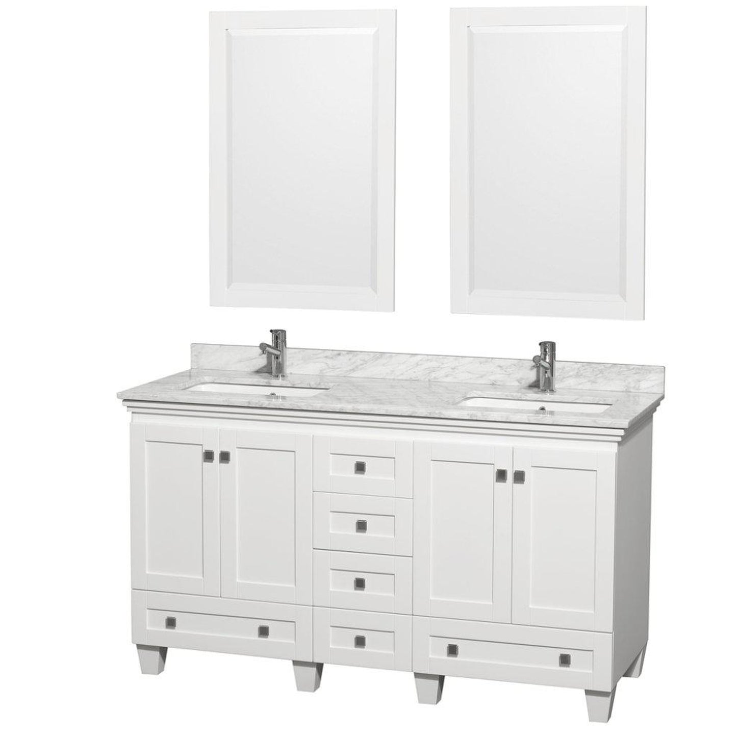 Wyndham Collection Acclaim 60" Double Bathroom White Vanity With White Carrara Marble Countertop And Undermount Square Sinks And 2 Set Of 24" Mirror
