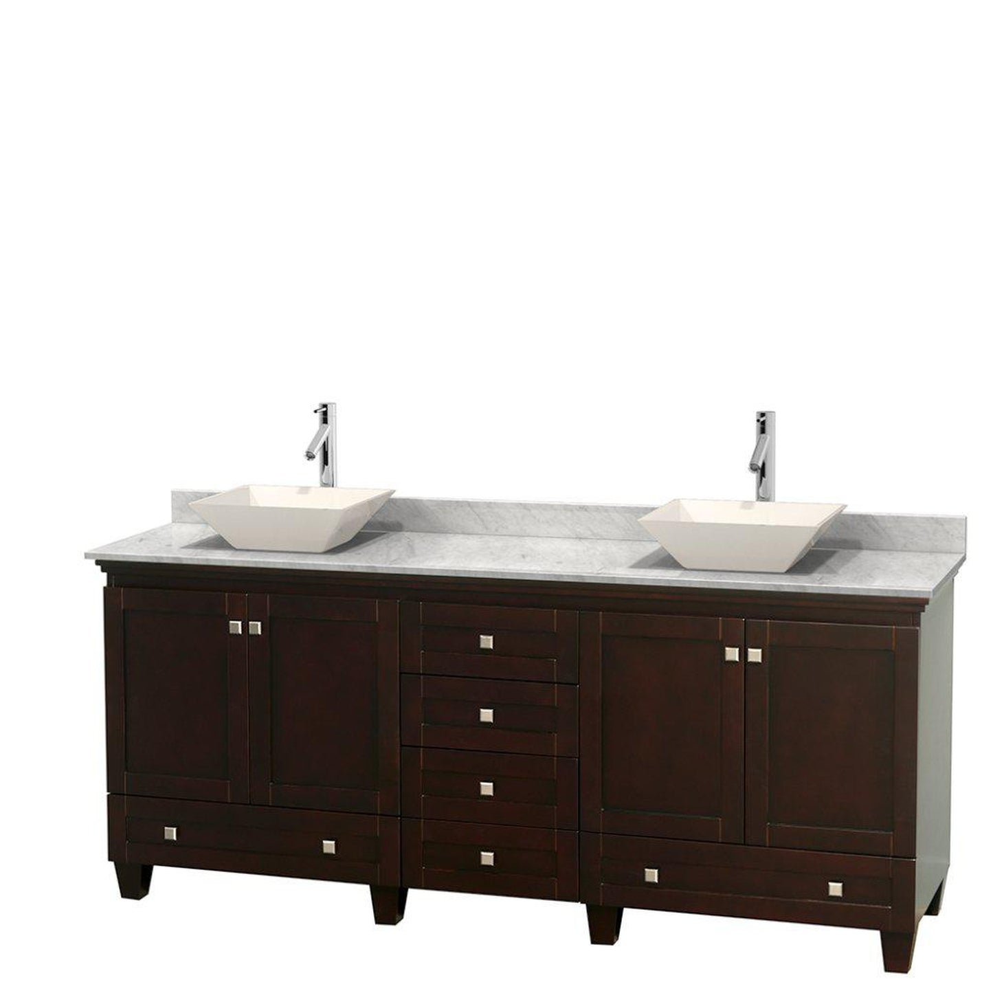 Wyndham Collection Acclaim 80" Double Bathroom Espresso Vanity With White Carrara Marble Countertop And Pyra Bone Porcelain Sinks