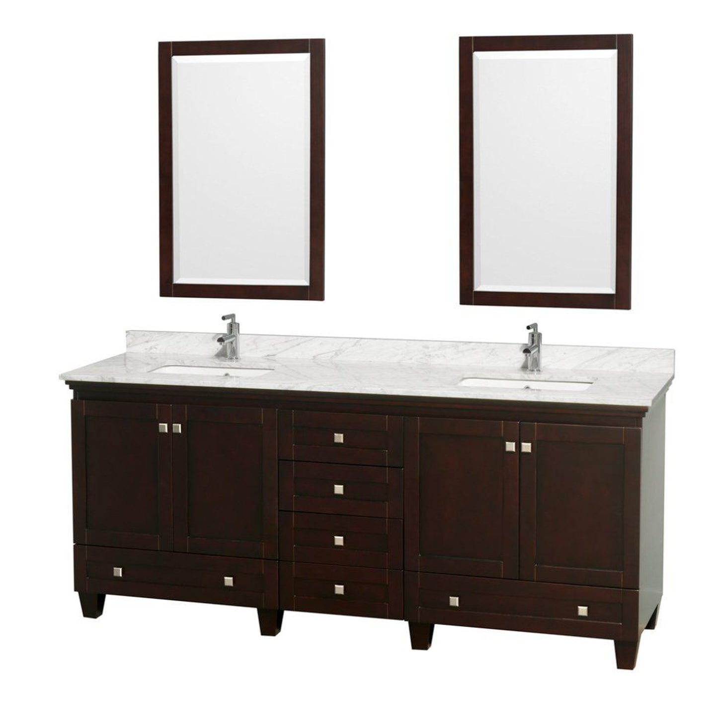 Wyndham Collection Acclaim 80" Double Bathroom Espresso Vanity With White Carrara Marble Countertop And Undermount Square Sinks And 2 Set Of 24" Mirror