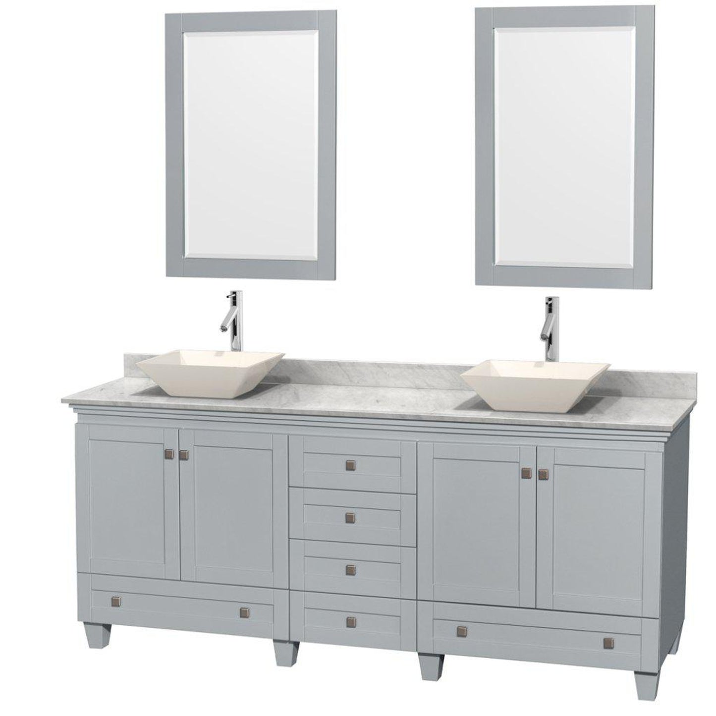 Wyndham Collection Acclaim 80" Double Bathroom Oyster Gray Vanity With White Carrara Marble Countertop And Pyra Bone Porcelain Sinks And 2 Set Of 24" Mirror