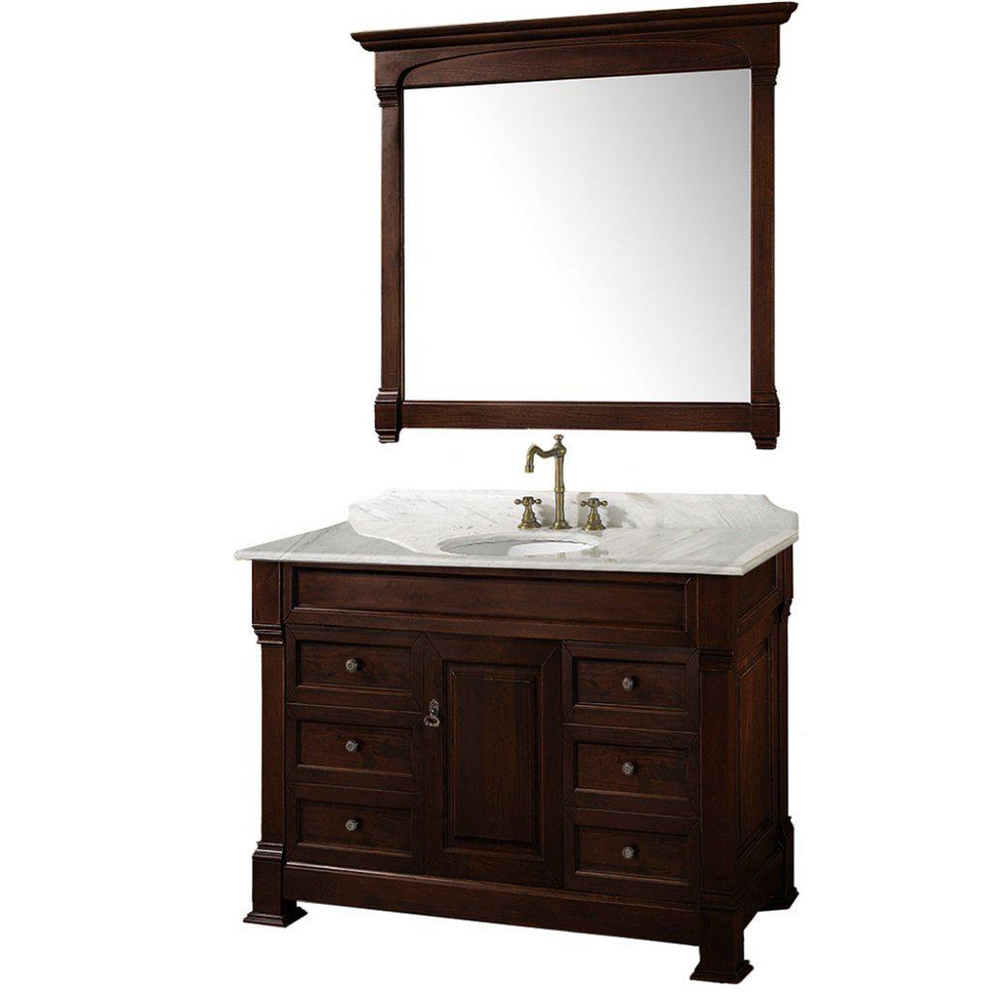 Wyndham Collection Andover 48" Single Bathroom Dark Cherry Vanity Set With White Carrara Marble Countertop And Undermount Oval Sink, And 44" Mirror