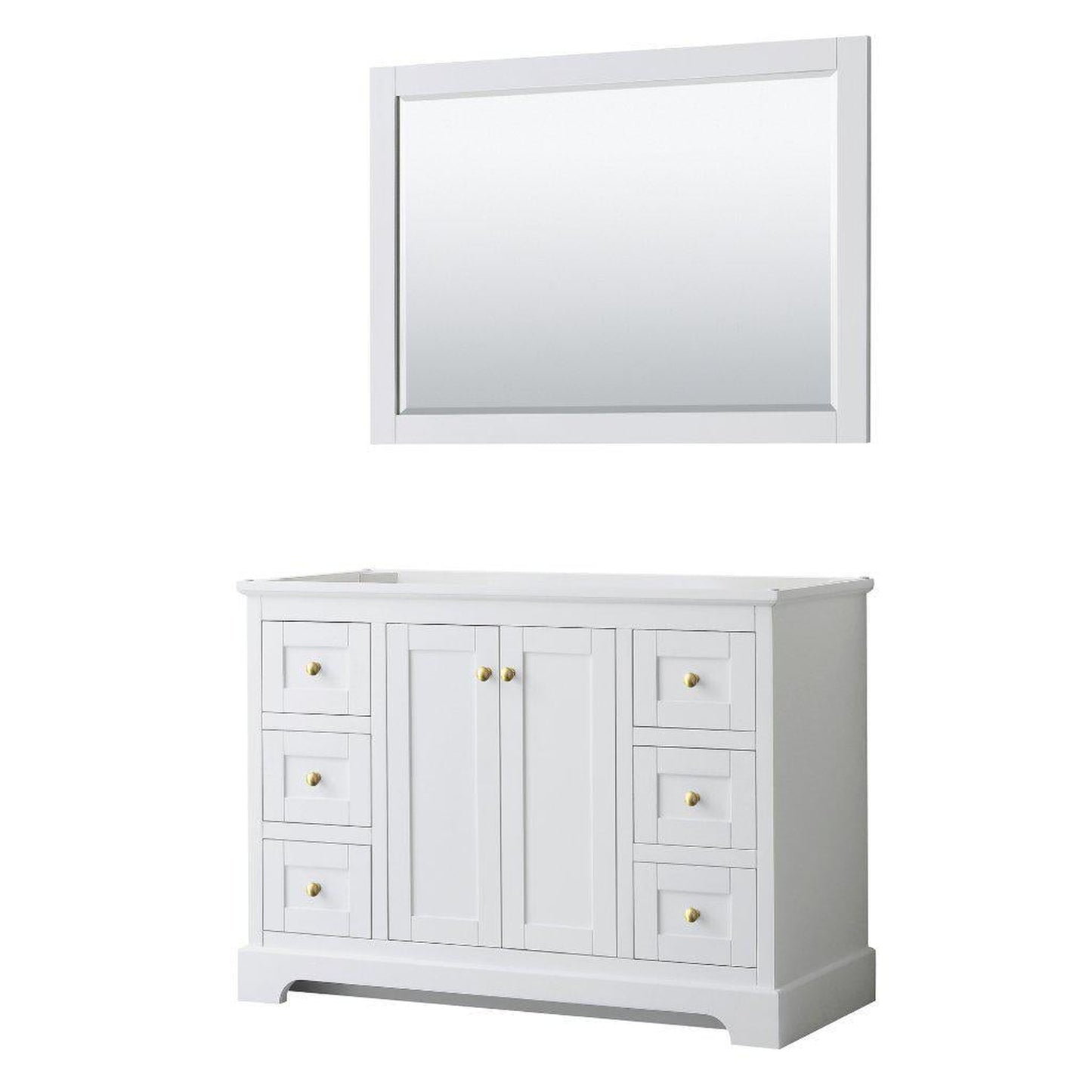 Wyndham Collection Avery 48" White Single Bathroom Vanity Set, 46" Mirror, Gold Trims