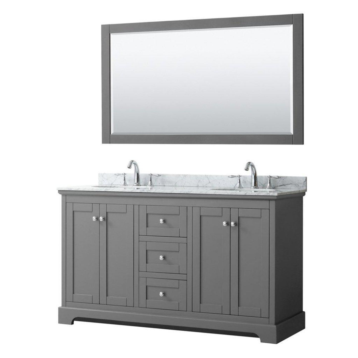 Wyndham Collection Avery 60" Dark Gray Double Bathroom Vanity Set With White Carrara Marble Countertop With 3-Hole Faucet And 8" Oval Sink And 58" Mirror