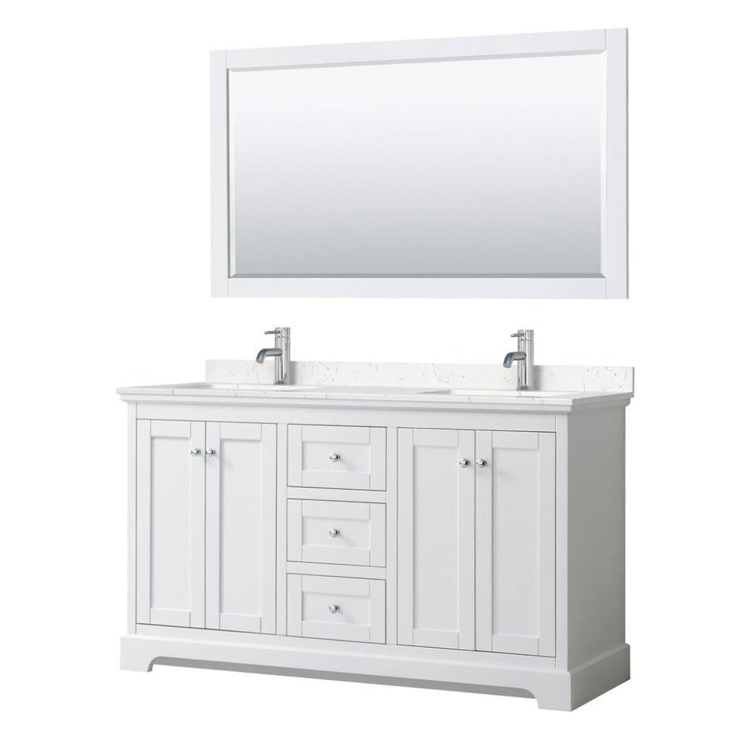 Wyndham Collection Avery 60" White Double Bathroom Vanity Set, Light-Vein Carrara Cultured Marble Countertop With 1-Hole Faucet, Square Sink, 58" Mirror, Polished Chrome Trims