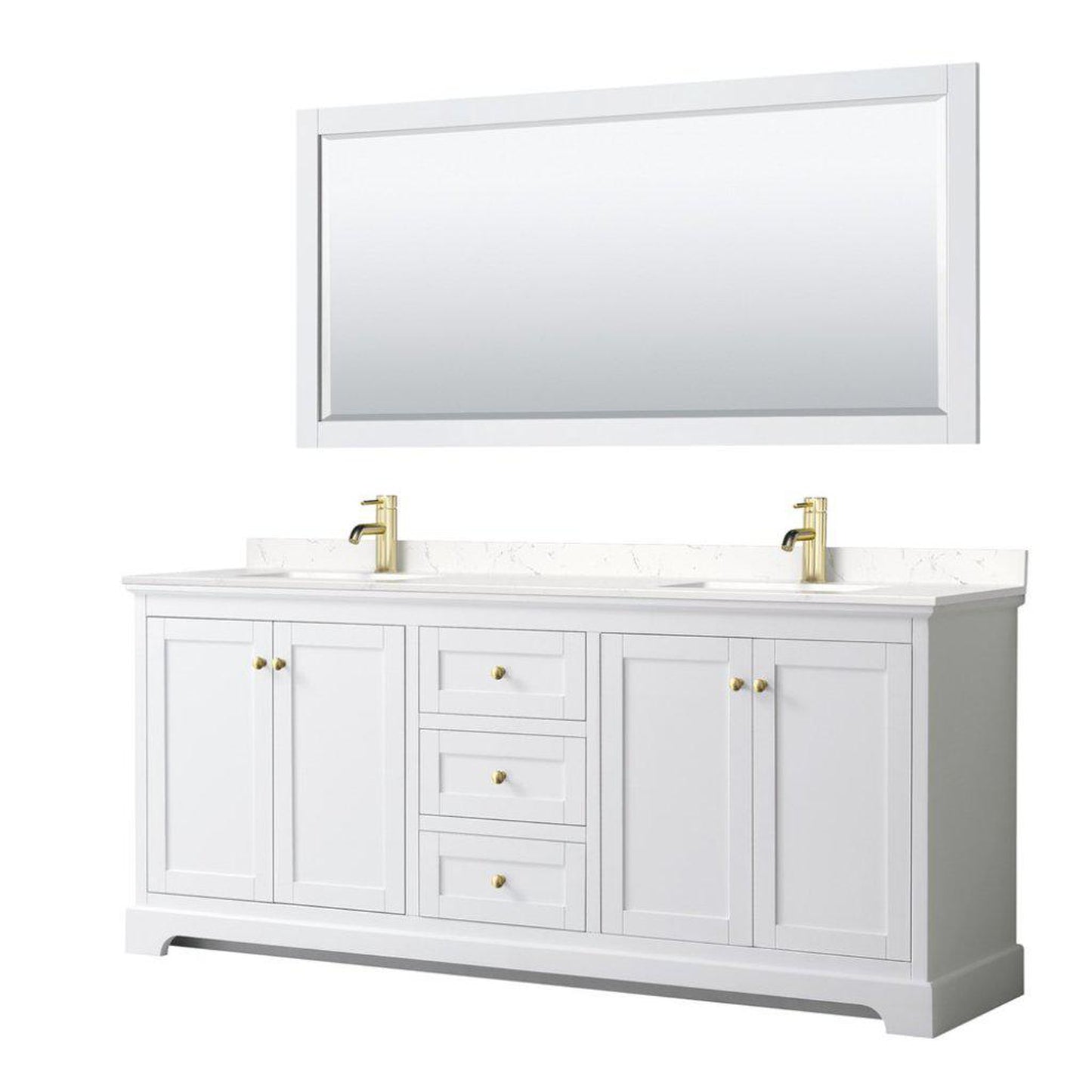 Wyndham Collection Avery 80" White Double Bathroom Vanity Set, Light-Vein Carrara Cultured Marble Countertop With 1-Hole Faucet, Square Sink, 70" Mirror, Gold Trims