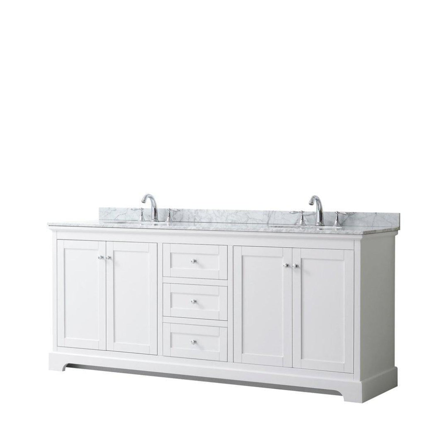 Wyndham Collection Avery 80" White Double Bathroom Vanity, White Carrara Marble Countertop With 3-Hole Faucet, 8" Oval Sink, Polished Chrome Trims