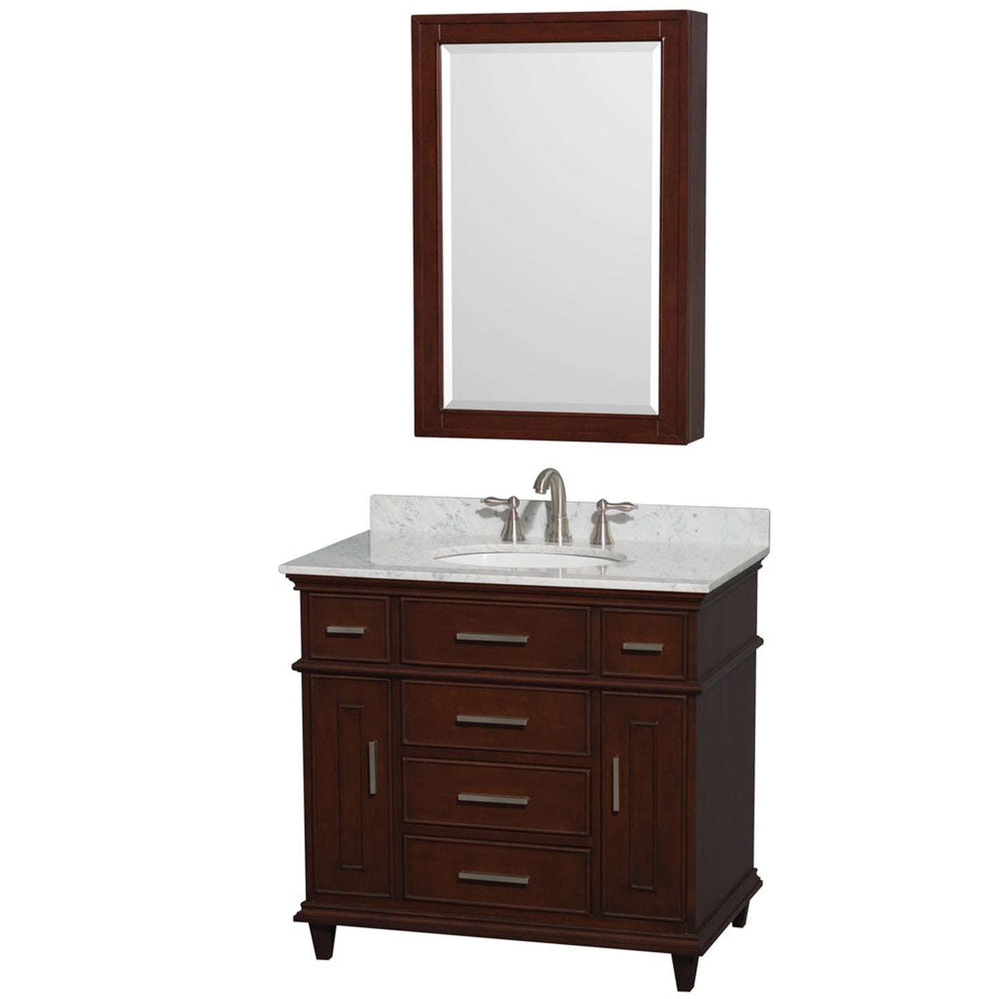 Wyndham Collection Berkeley 36" Single Bathroom Vanity in Dark Chestnut, White Carrara Marble Countertop, Undermount Round Sink, 24" Medicine Cabinet
