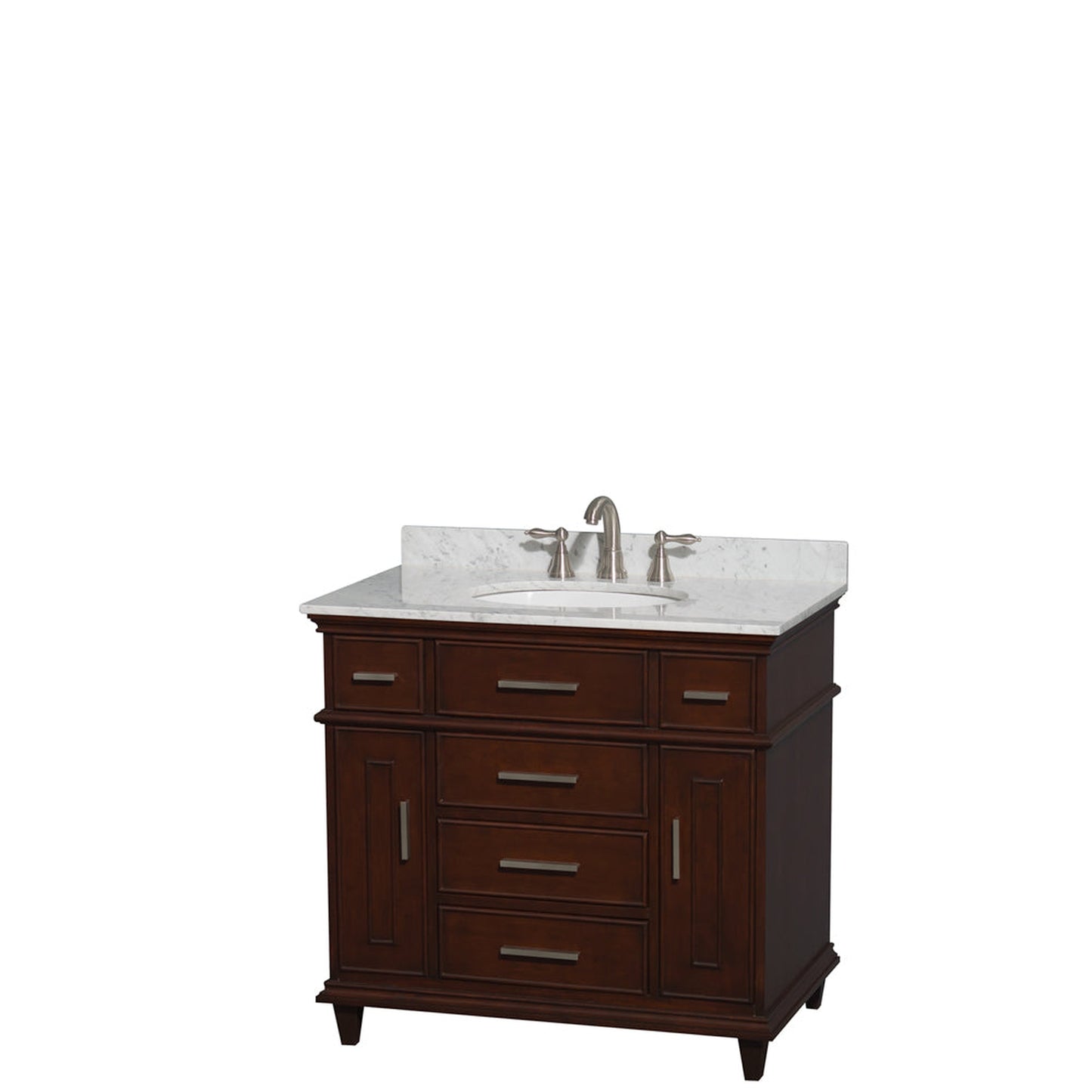 Wyndham Collection Berkeley 36" Single Bathroom Vanity in Dark Chestnut, White Carrara Marble Top, White Undermount Oval Sink and No Mirror