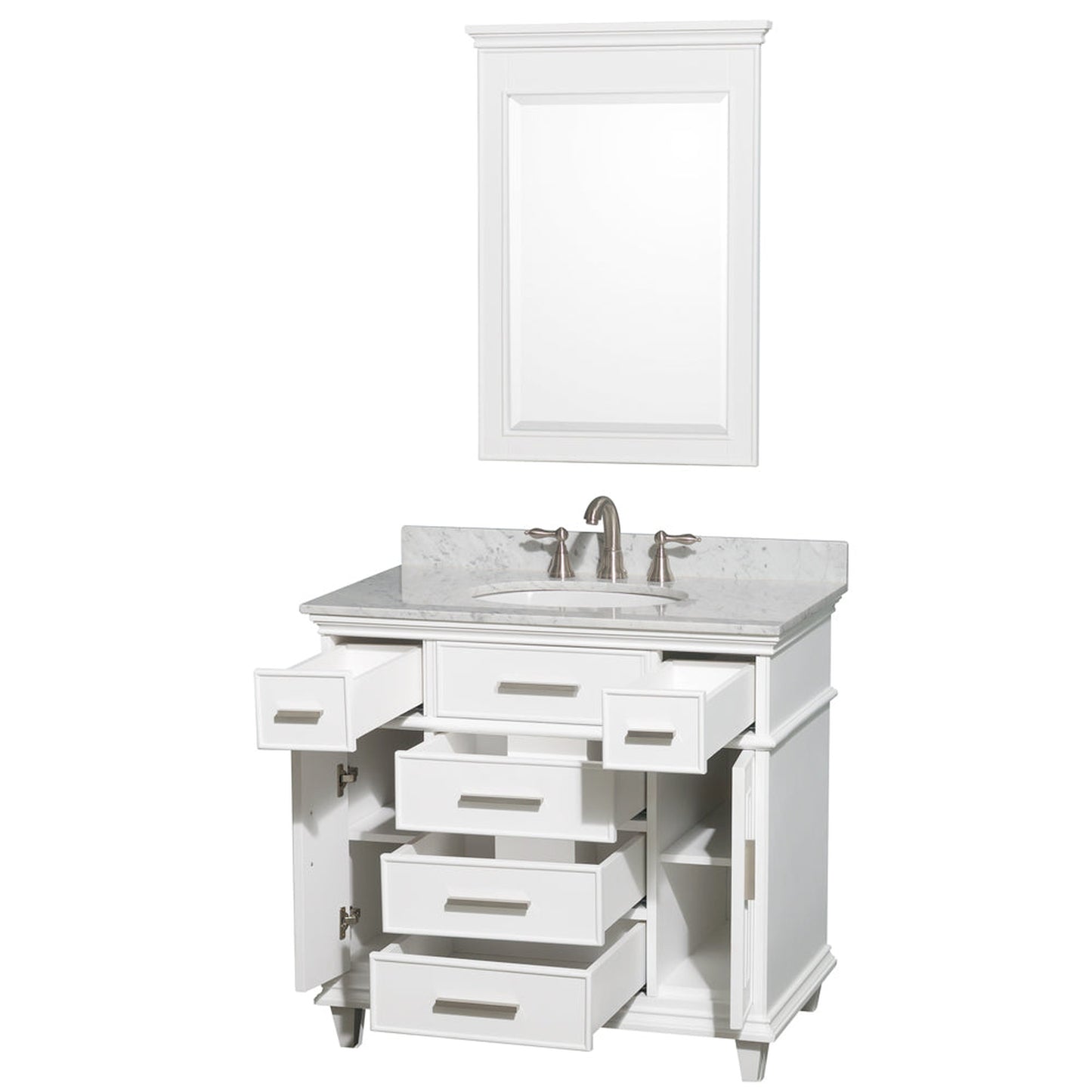 Wyndham Collection Berkeley 36" Single Bathroom Vanity in White, White Carrara Marble Top, White Undermount Oval Sink and 24" Mirror