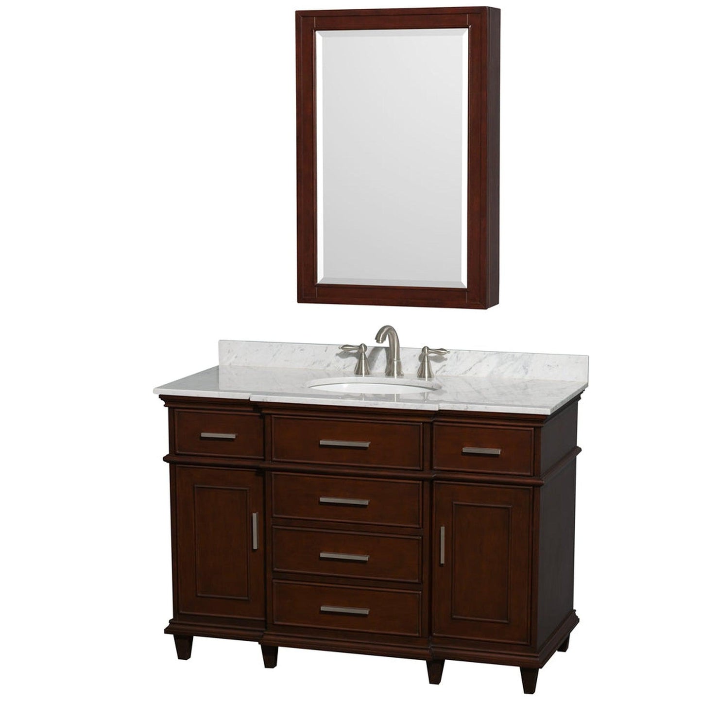 Wyndham Collection Berkeley 48" Single Bathroom Vanity in Dark Chestnut, White Carrara Marble Countertop, Undermount Round Sink, 24" Medicine Cabinet