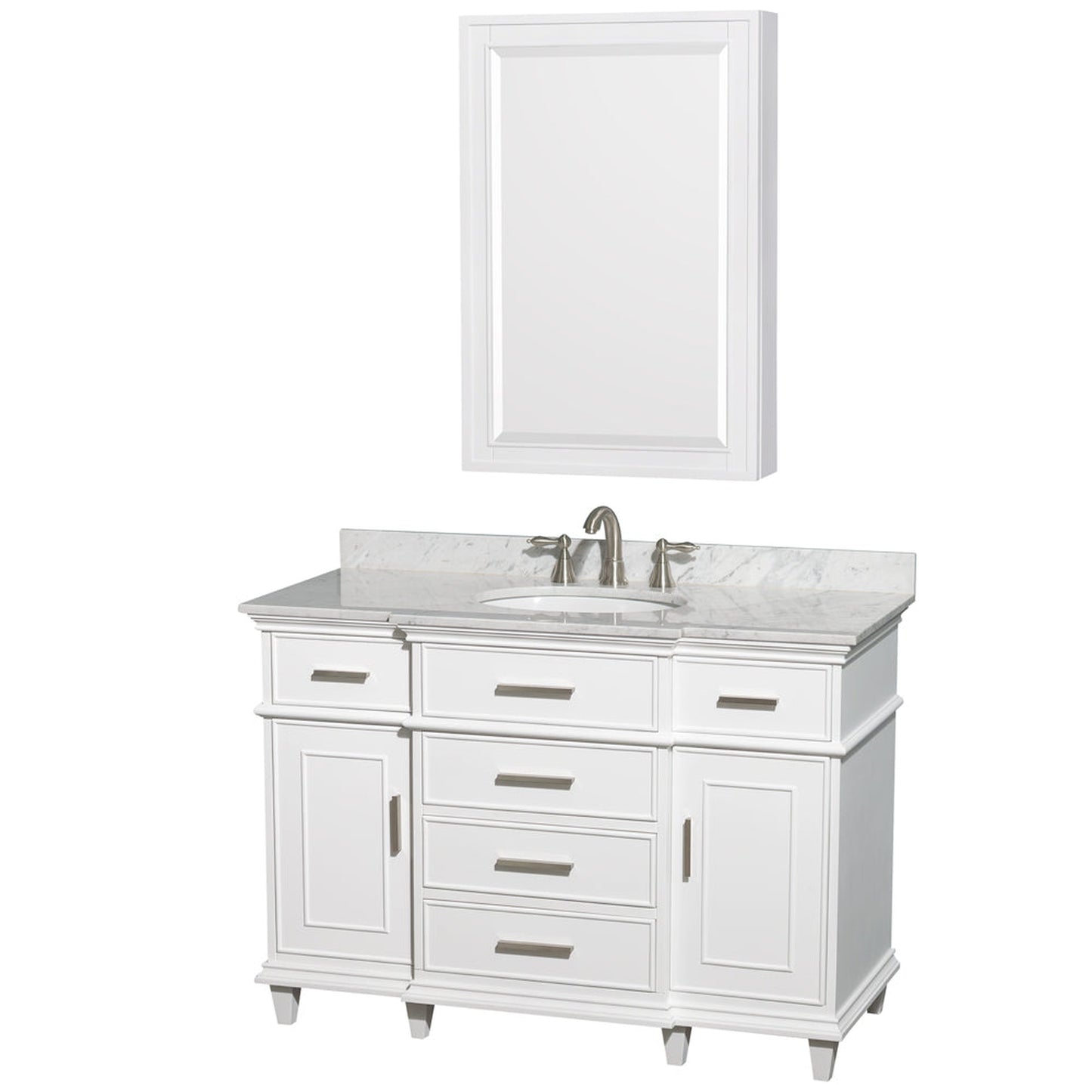 Wyndham Collection Berkeley 48" Single Bathroom Vanity in White, White Carrara Marble Countertop, Undermount Round Sink, 24" Medicine Cabinet