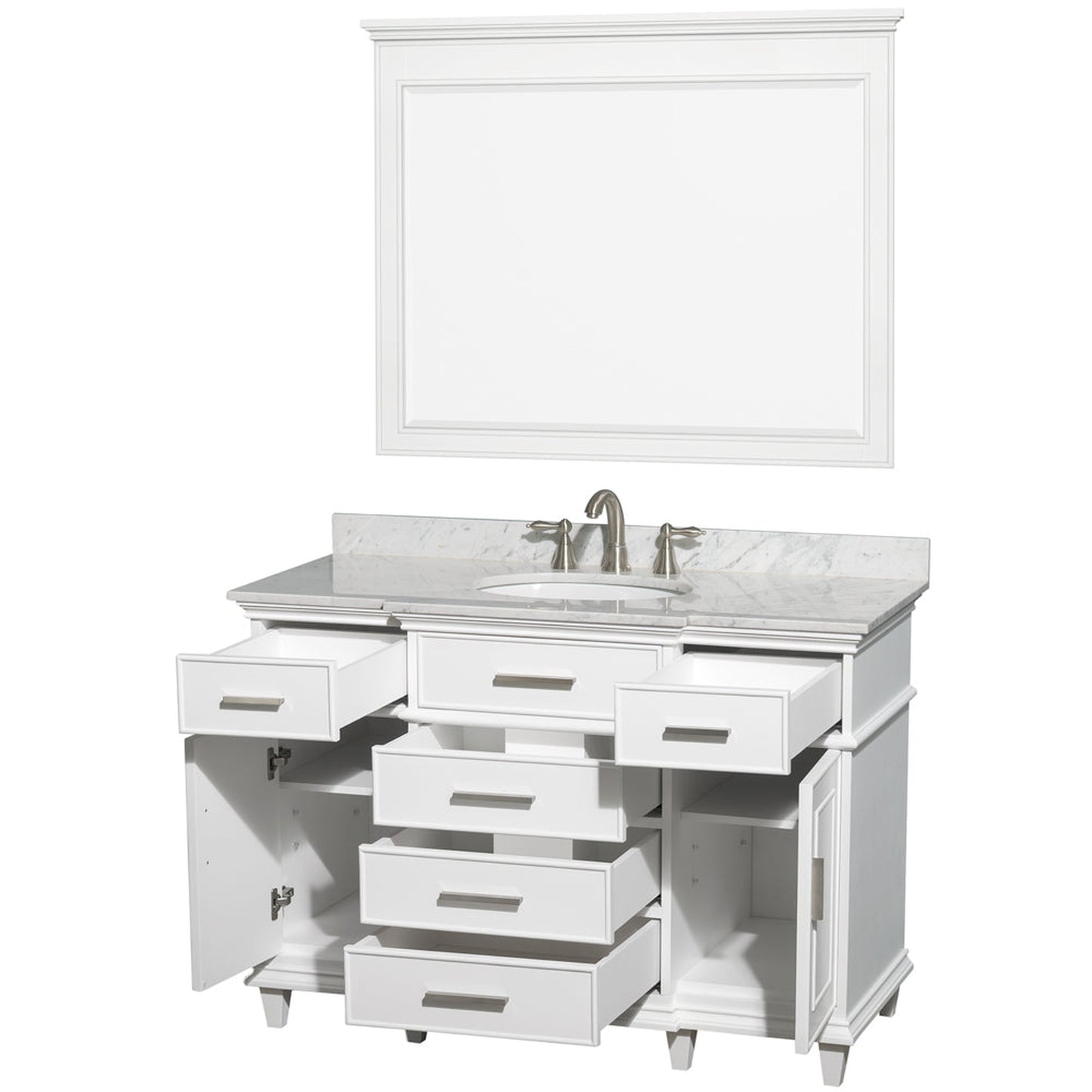 Wyndham Collection Berkeley 48" Single Bathroom Vanity in White, White Carrara Marble Top, White Undermount Oval Sink and 44" Mirror