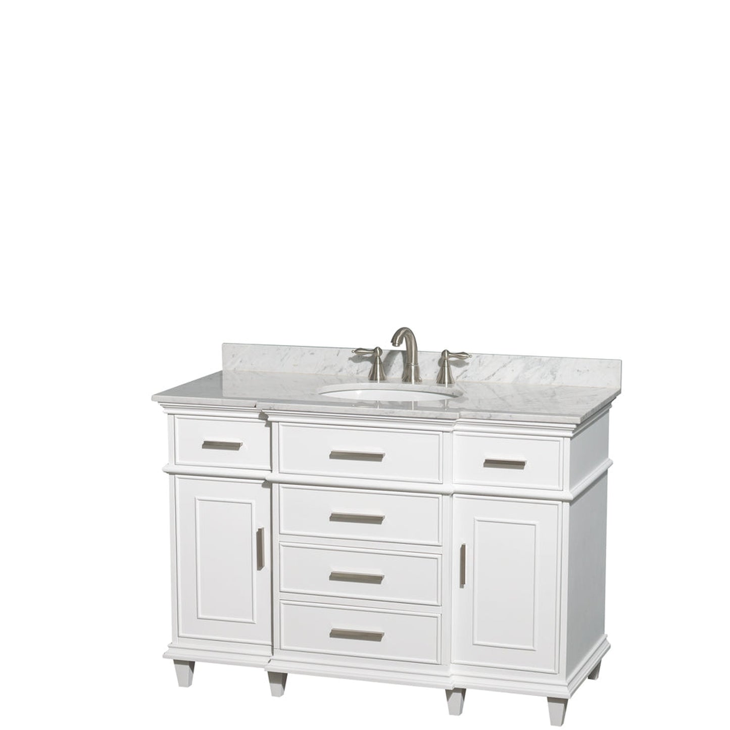 Wyndham Collection Berkeley 48" Single Bathroom Vanity in White, White Carrara Marble Top, White Undermount Oval Sink and No Mirror
