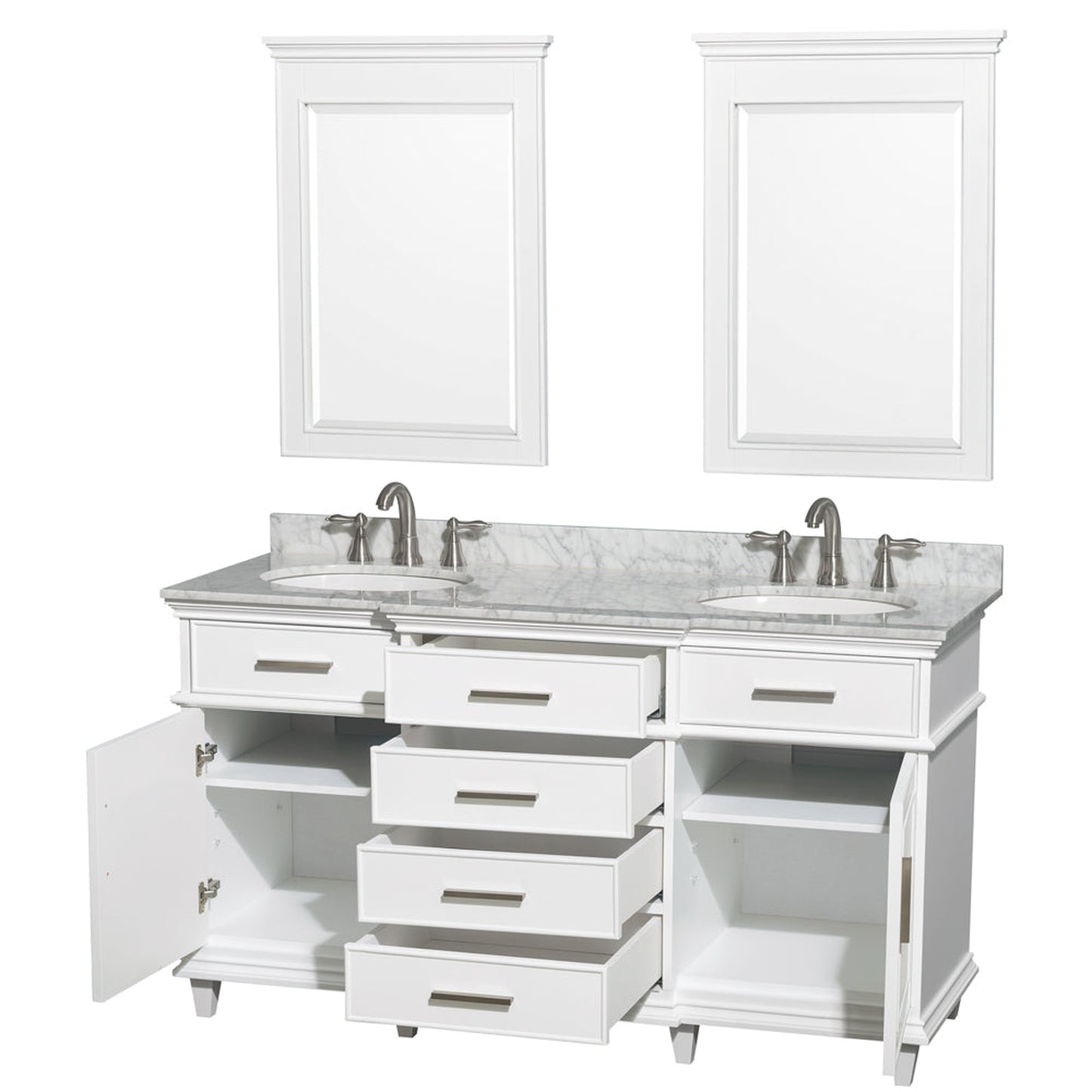 Wyndham Collection Berkeley 60" Double Bathroom Vanity in White, White Carrara Marble Top, White Undermount Oval Sink and 24" Mirror