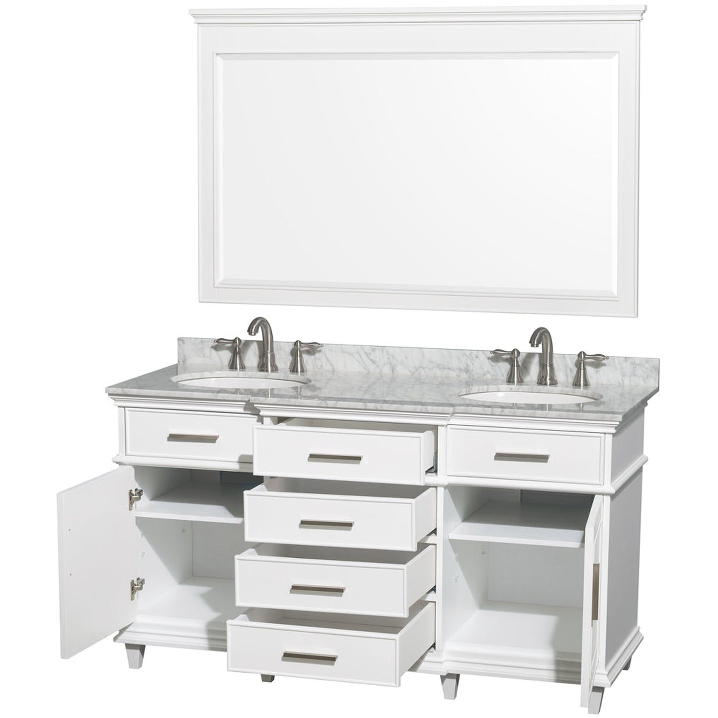 Wyndham Collection Berkeley 60" Double Bathroom Vanity in White, White Carrara Marble Top, White Undermount Oval Sink and 56" Mirror