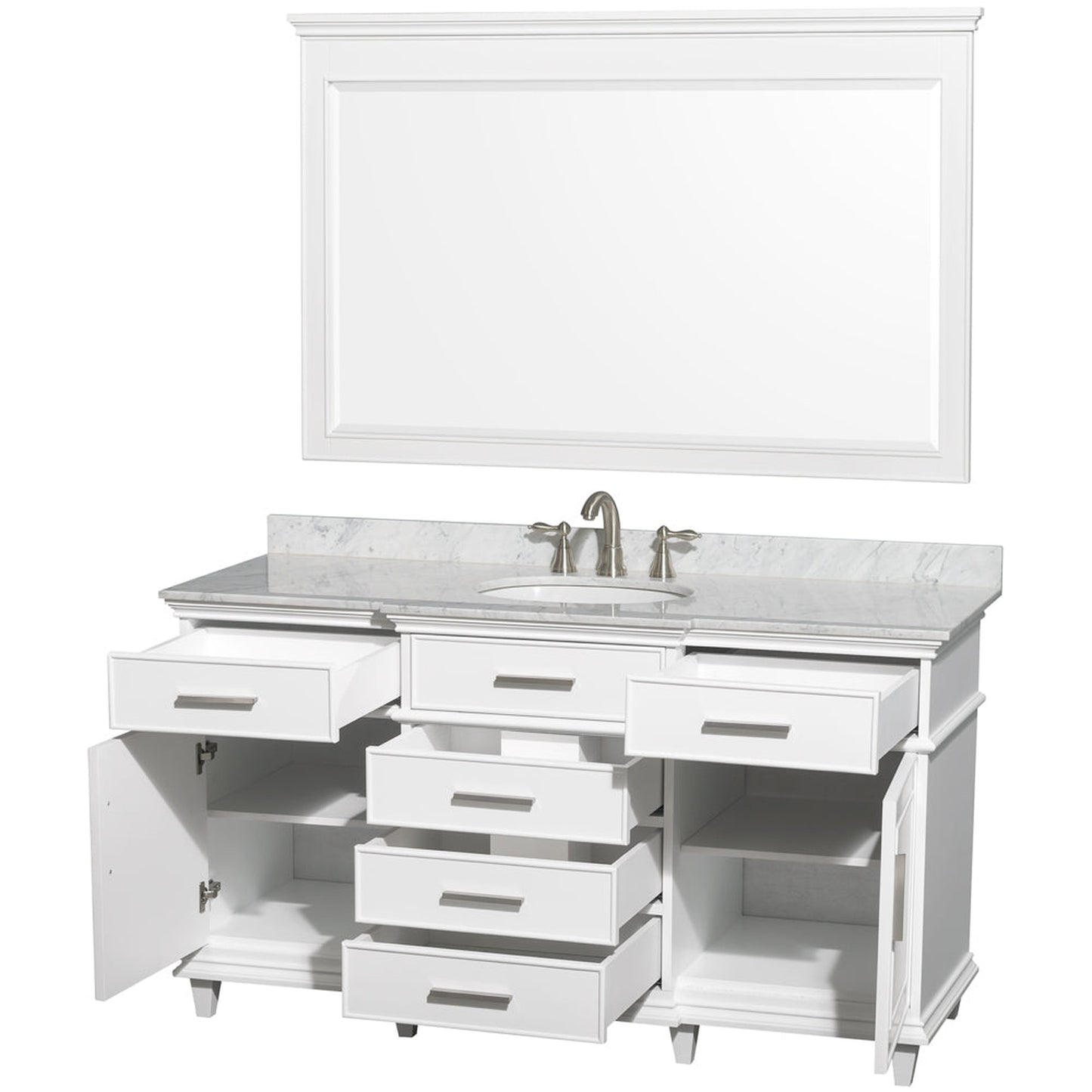 Wyndham Collection Berkeley 60" Single Bathroom Vanity in White, White Carrara Marble Top, White Undermount Oval Sink and 56" Mirror