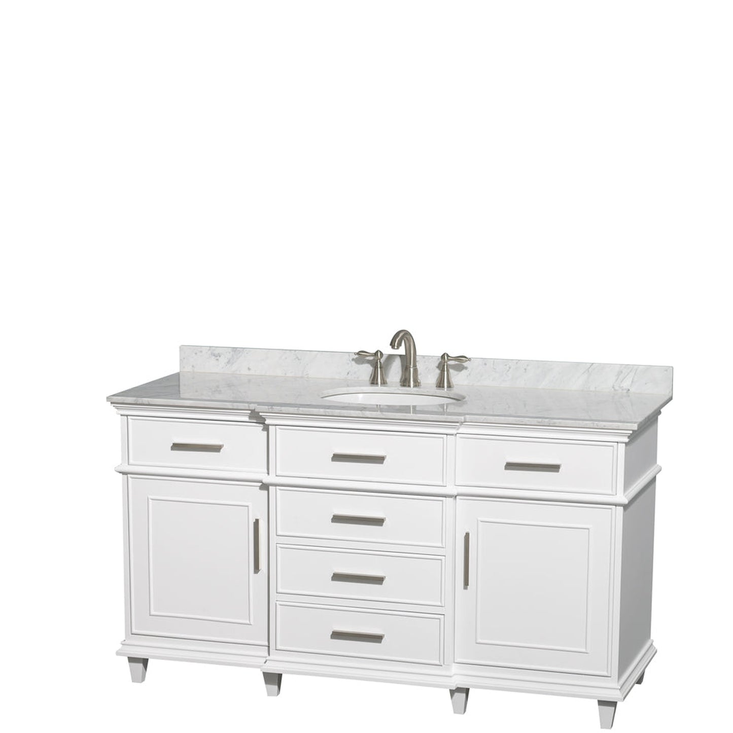 Wyndham Collection Berkeley 60" Single Bathroom Vanity in White, White Carrara Marble Top, White Undermount Oval Sink and No Mirror
